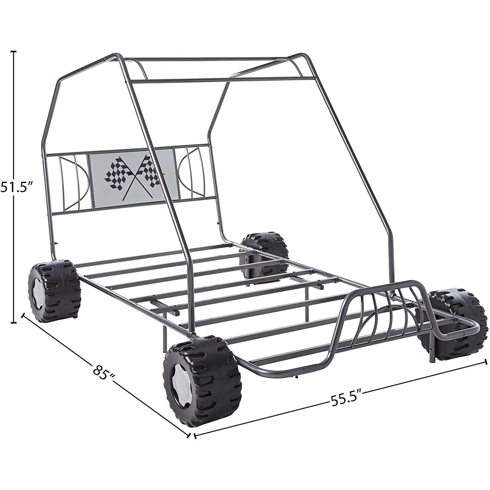 Miekor Furniture Xander Twin Car Bed in Gunmetal Metal Go Kart Dune Buggy Frame Boys Racing Slat Style