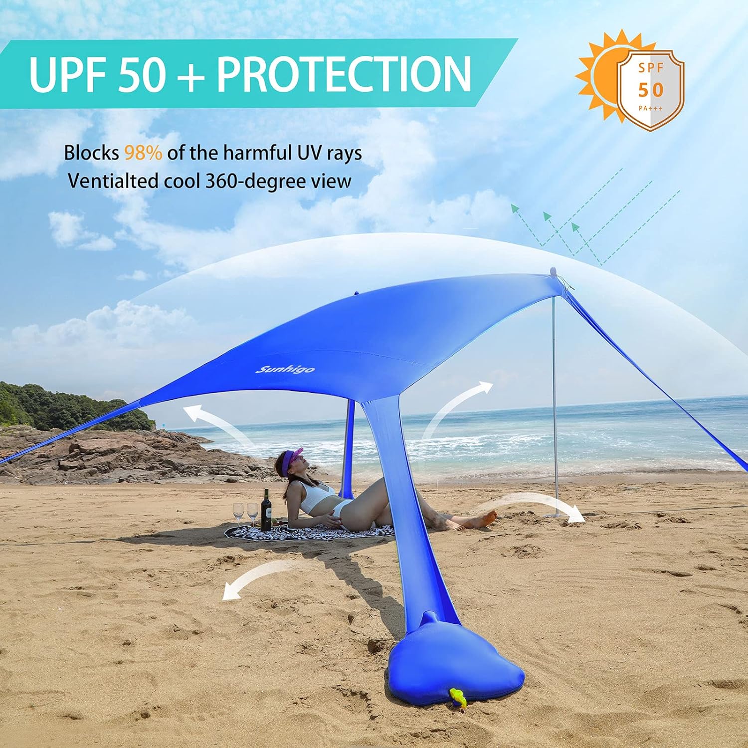 Sunhigo Beach Shade Canopy UPF50+ Family Beach Tent with 4 Aluminum Poles, Sand Shovel and Carry Bag, Portable Beach Sunshade Pop Up Sun Shelter for Beach,Fishing,Backyard and Picnics (10x10 Ft,Navy)