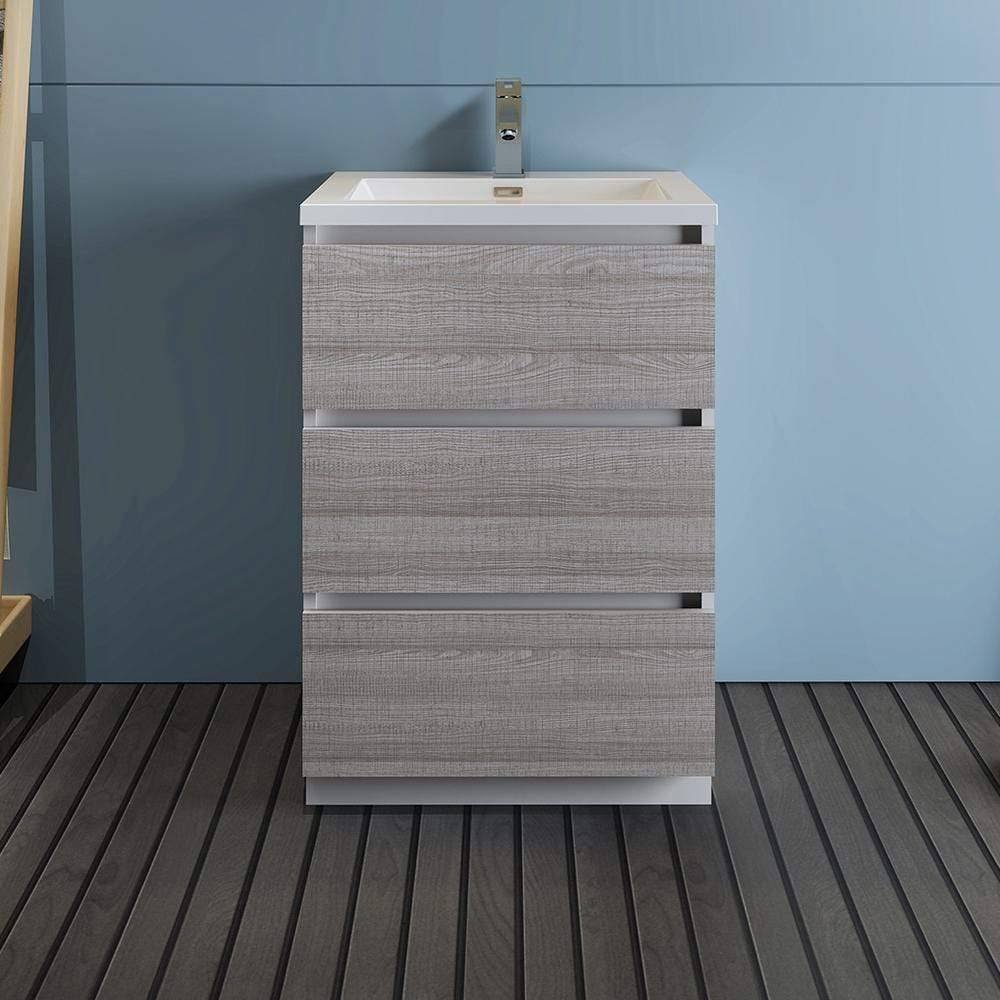 Fresca FCB9324HA-I Lazzaro 24x22 Glossy Ash Gray Free Standing Modern Bathroom Cabinet with Integrated Sink