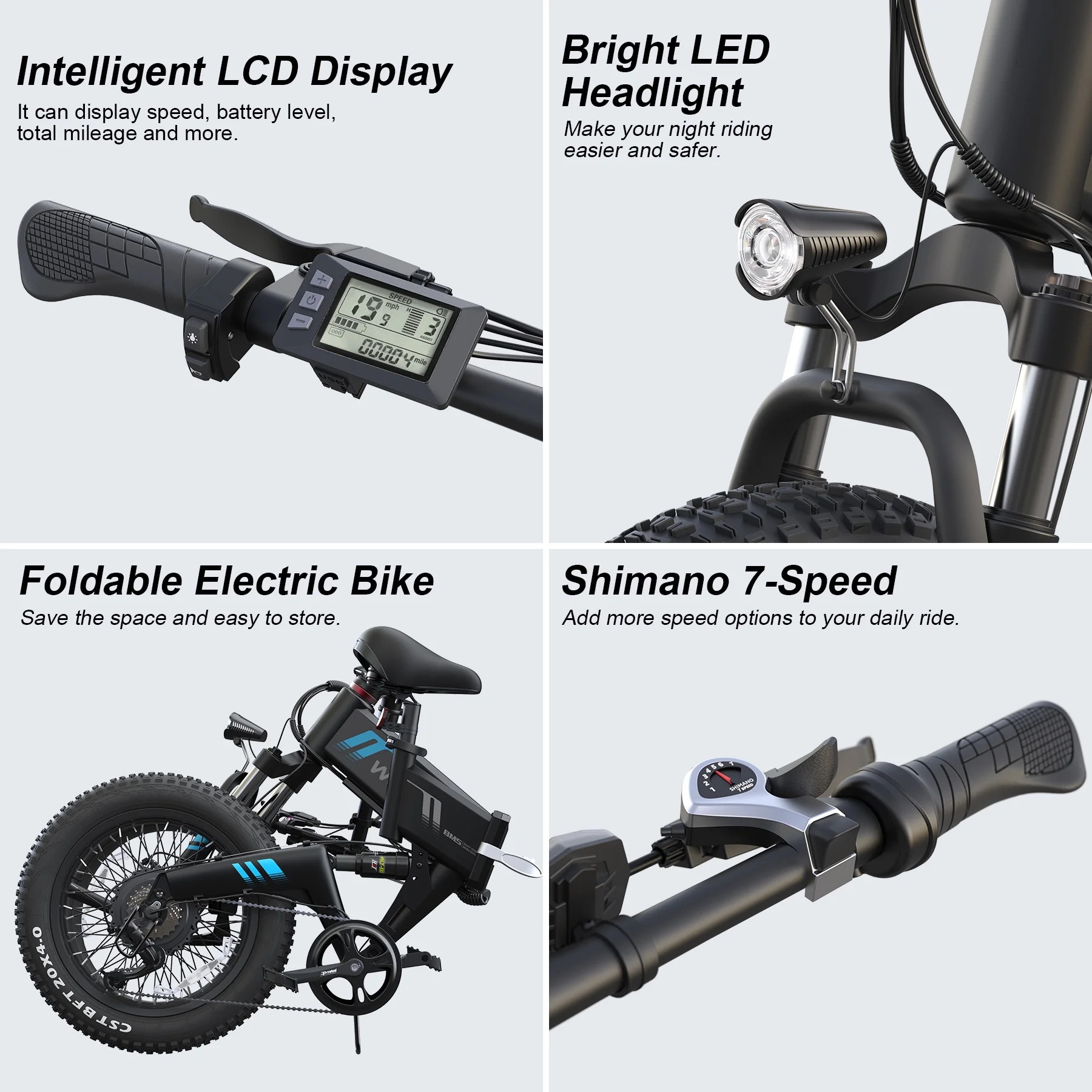 Wooken Electric Bike, 20''X4.0 Fat Tire Electric Bike for Adults, 500W 20MPH Foldable Electric Bicycle with 48V 10Ah Built-in Battery, Shimano 7 Speed Wheels Electric Bike, Dual Shock Absorber