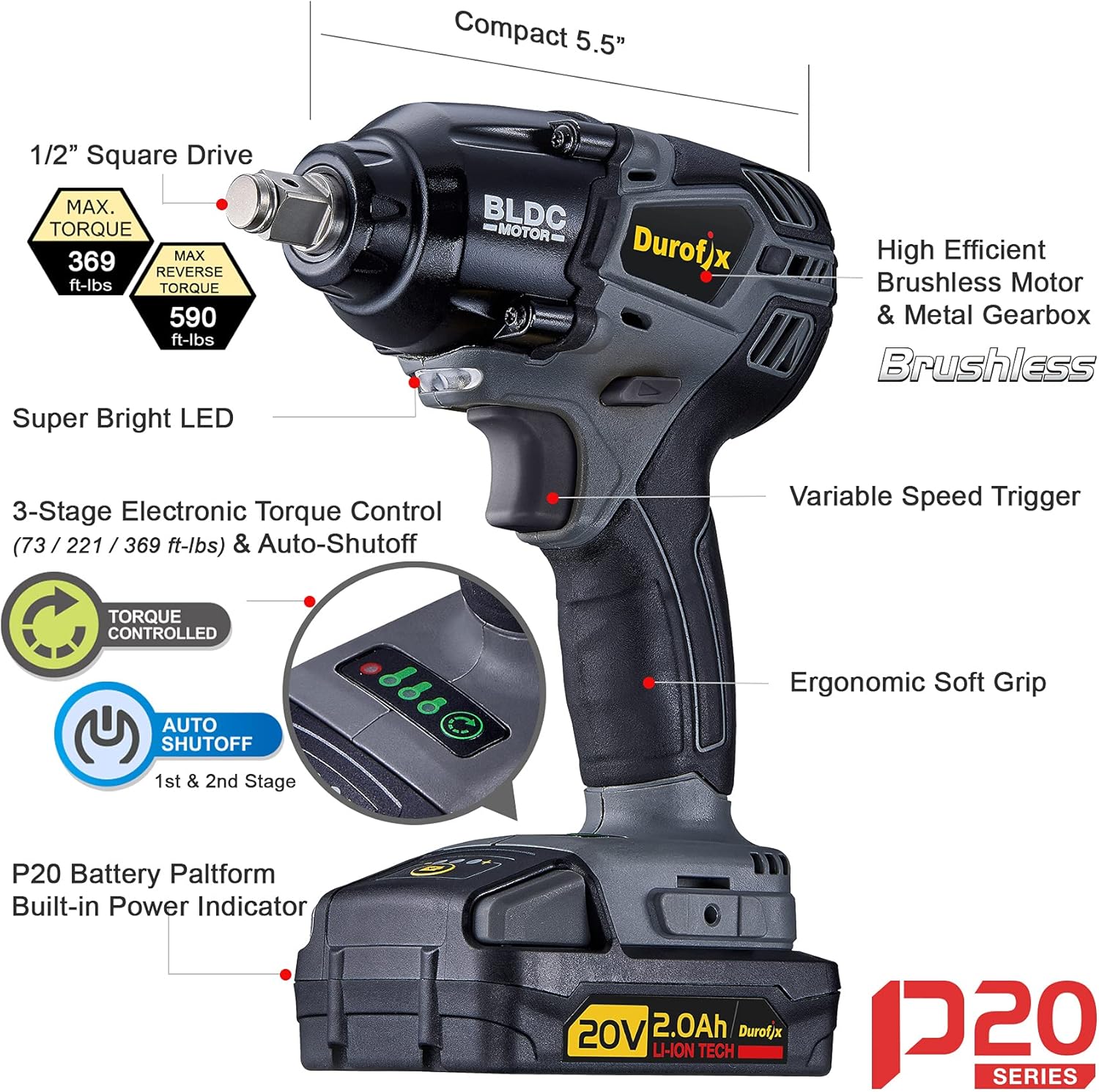 Durofix RI20174-PM P20 Series 20V Cordless Li-ion 1/2” 369 ft-lbs. Heavy Duty Brushless Impact Wrench Tool Kit