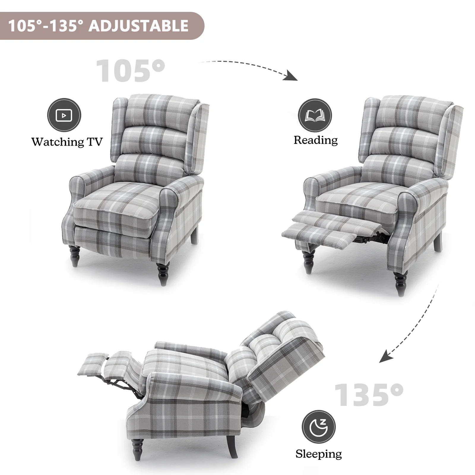 Upholstered Wingback Recliner Chair, Plaid Recliner Chair Armchair Adjustable Footrest Push Back Reclining Sofa, Mid Century Modern Lounge Armchair for Living Room, Bedroom, Reading -- Natural