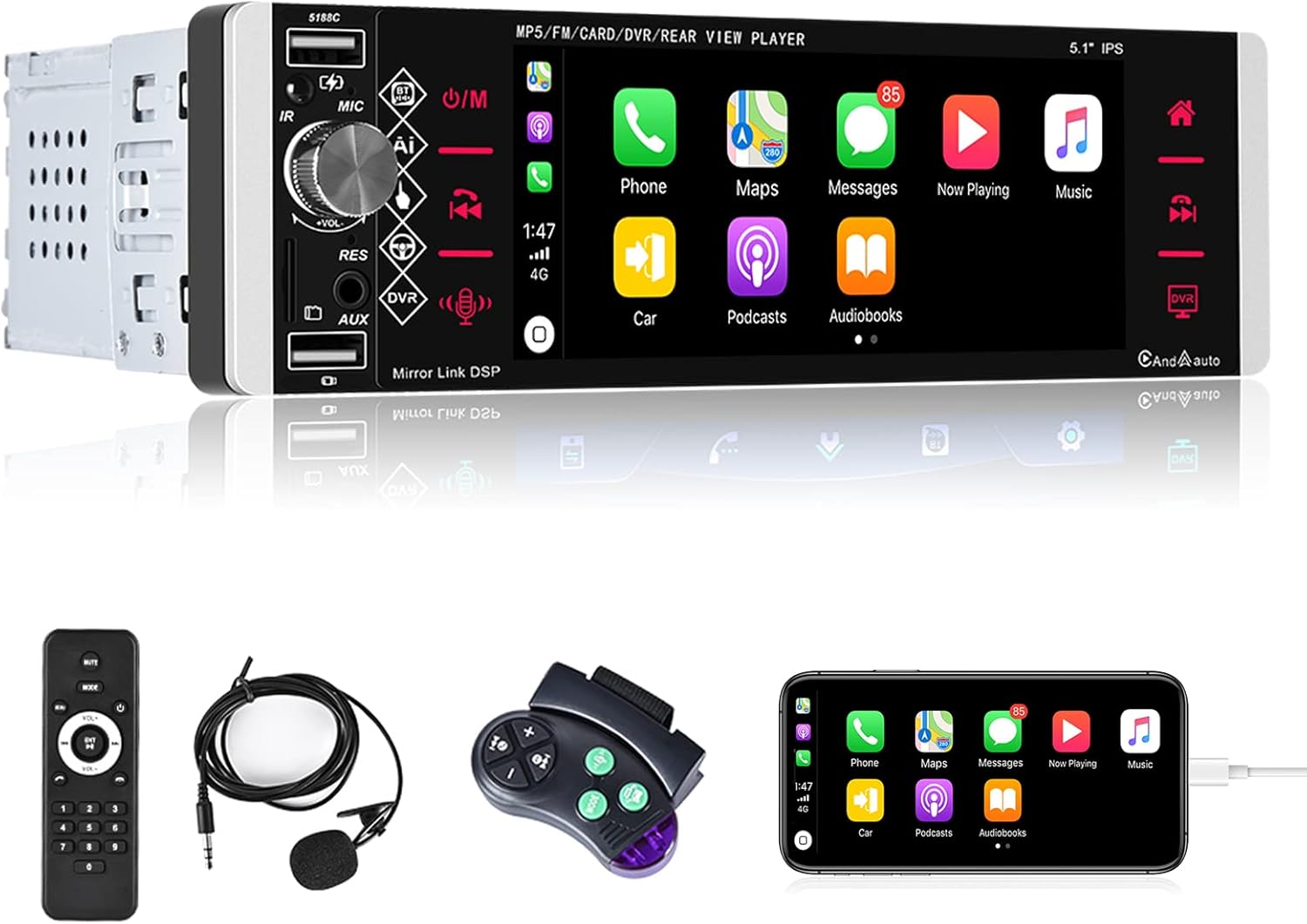 Single Din Car Stereo 5.1 Inch Touchscreen Radio with Bluetooth Voice Control Support DVR FM RDS AM Tuner, 1 Din Head Unit with USB/SD/Aux-in + Steering Wheel Control, Microphone and Backup Camera