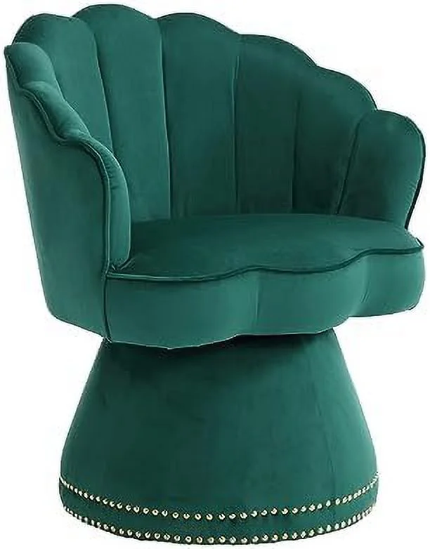 YZboomLife Swivel Accent Chair  Modern Velvet Upholstered -Degree Swivel Barrel Armchair  Small Lounge Arm Chair with Scalloped  for Living Room Bedroom  Emerald Green