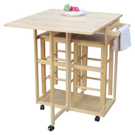 Urhomepro Foldable Dining Table Cart, Kitchen Carts with 2 Stools, 2 Storage Drawers, 5 Wheels, Drop Leaf Kitchen Utility Cart,