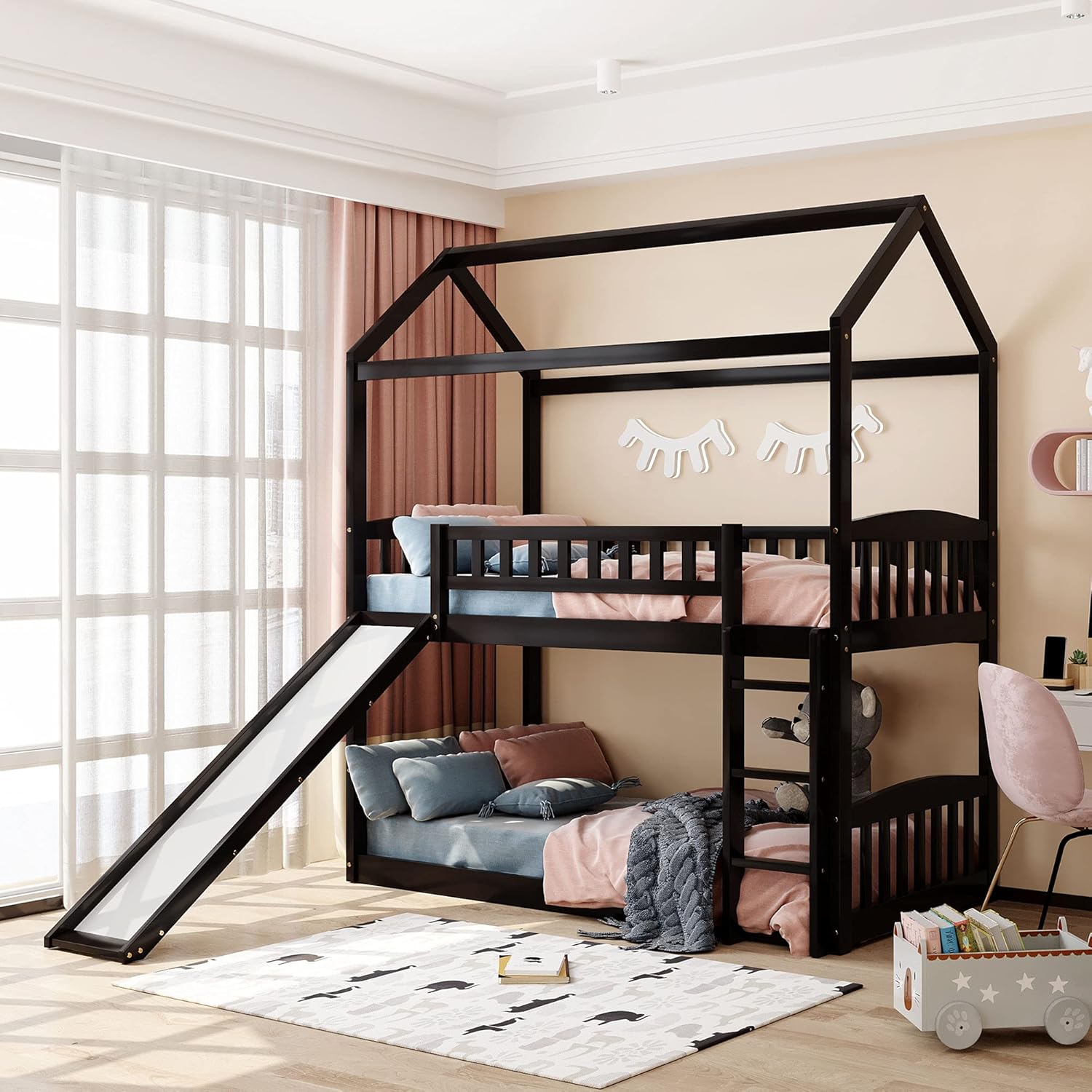 KLMM Twin Over Twin Metal Bunk Bed with Slide and Integrated Ladder, Housebed Bunk Bed for Kids Toddlers, Can be Decorated with Mosquito nets (Black with Black Slide)