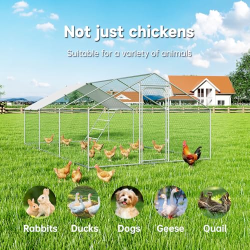 Large Metal Chicken Coop, Chicken Run Poultry Cage Hen with Water-Resident and Anti-UV Cover for Duck Rabbit House Outdoor Walk-in Chicken Pen for Yard, Dome Roof(10’ W x 19.7’ L x 6.4’ H)