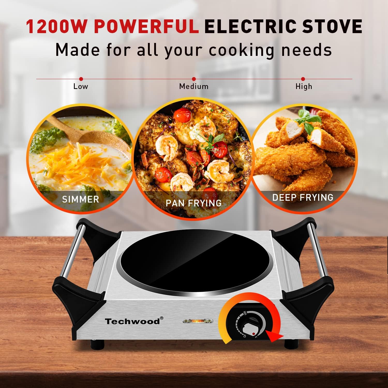 Hot Plate, Techwood Portable Electric Stove for cooking, 1200W Countertop Infrared Single Burner with Handles & 7.5&rdquo; Glass Cooktop for RV/Home/Camp, Compatible for All Cookwares Upgraded Version