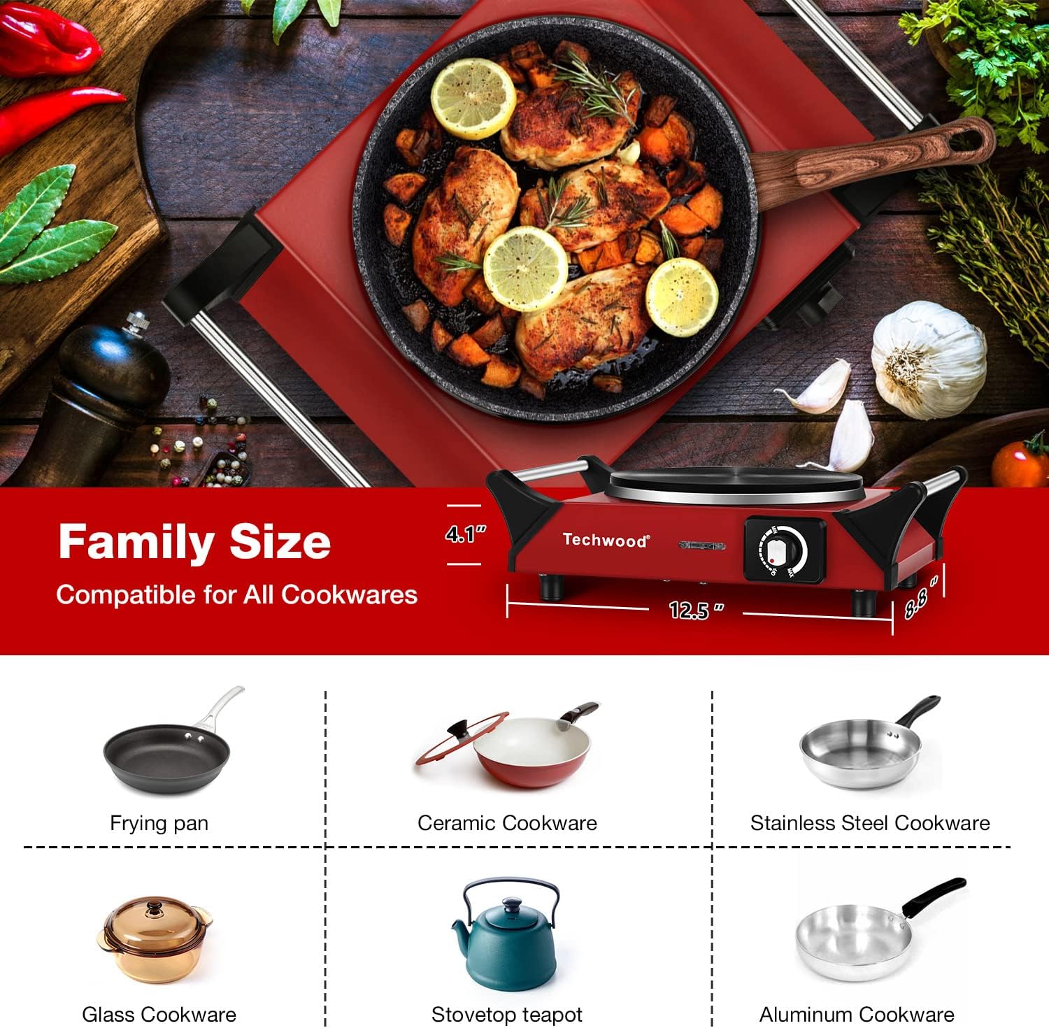 Hot Plate, Techwood Portable Electric Stove for cooking, 1200W Countertop Infrared Single Burner with Handles & 7.5&rdquo; Glass Cooktop for RV/Home/Camp, Compatible for All Cookwares Upgraded Version