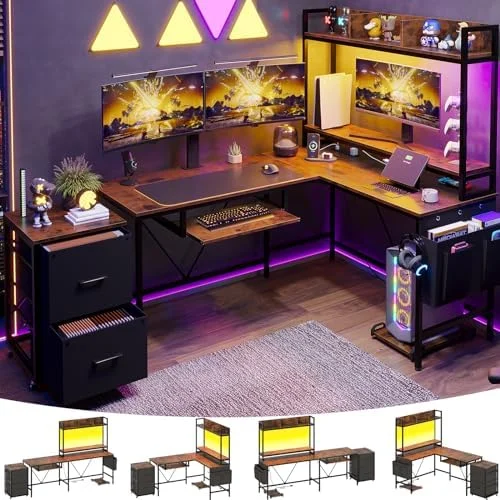 HBROLJF L Shaped Gaming Desk with Shelves  55in Reversible Home Office Desks with Power Outlet RGB Led Strip Movable File Cabinet Keyboard Tray 2 Drawers (Rustic Brown) - Curated Treasures Market