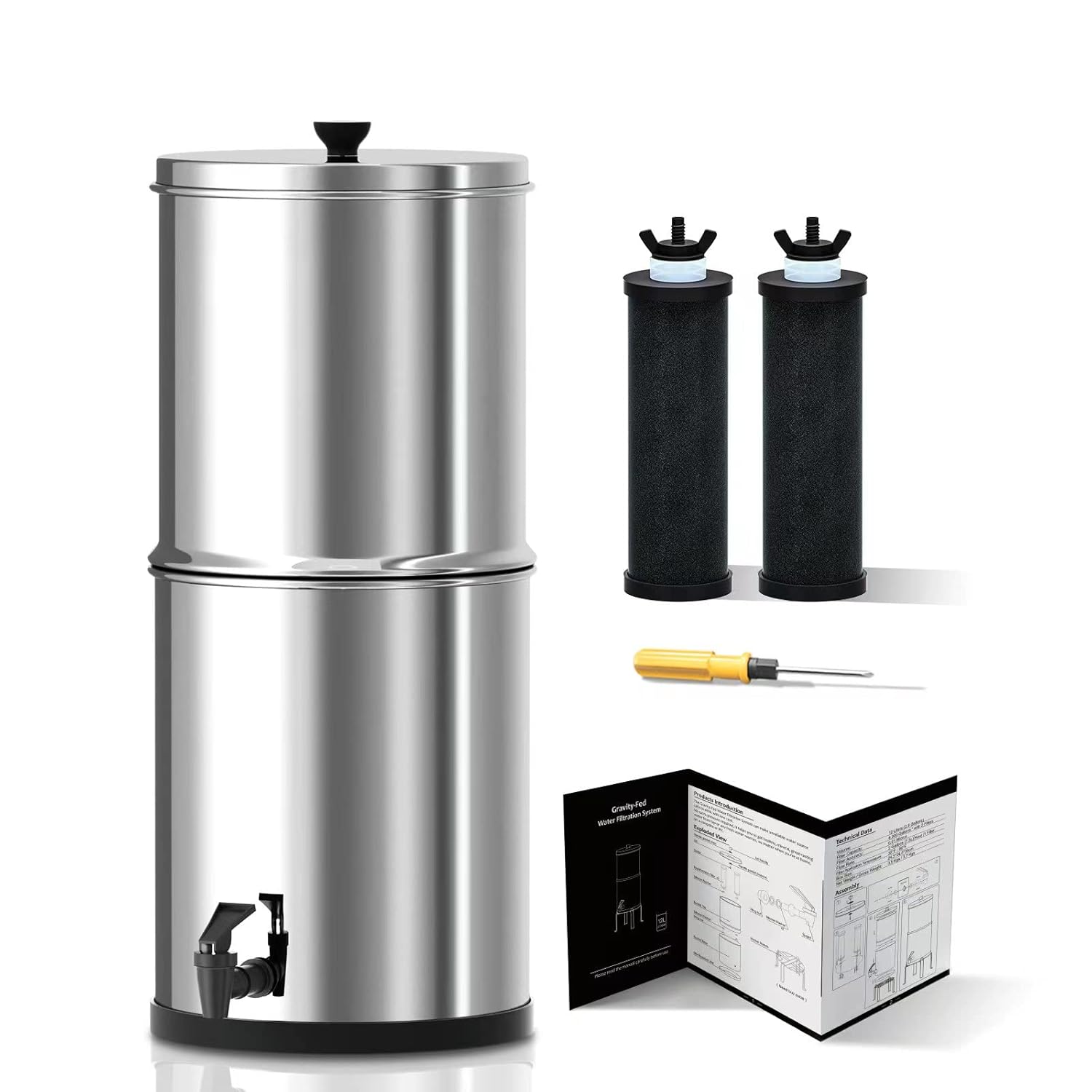 Purewell Stainless Steel Gravity-Fed Water Filter, High Capacity 2.9 Gallon with 2 Purification Elements for Home and Camping Use