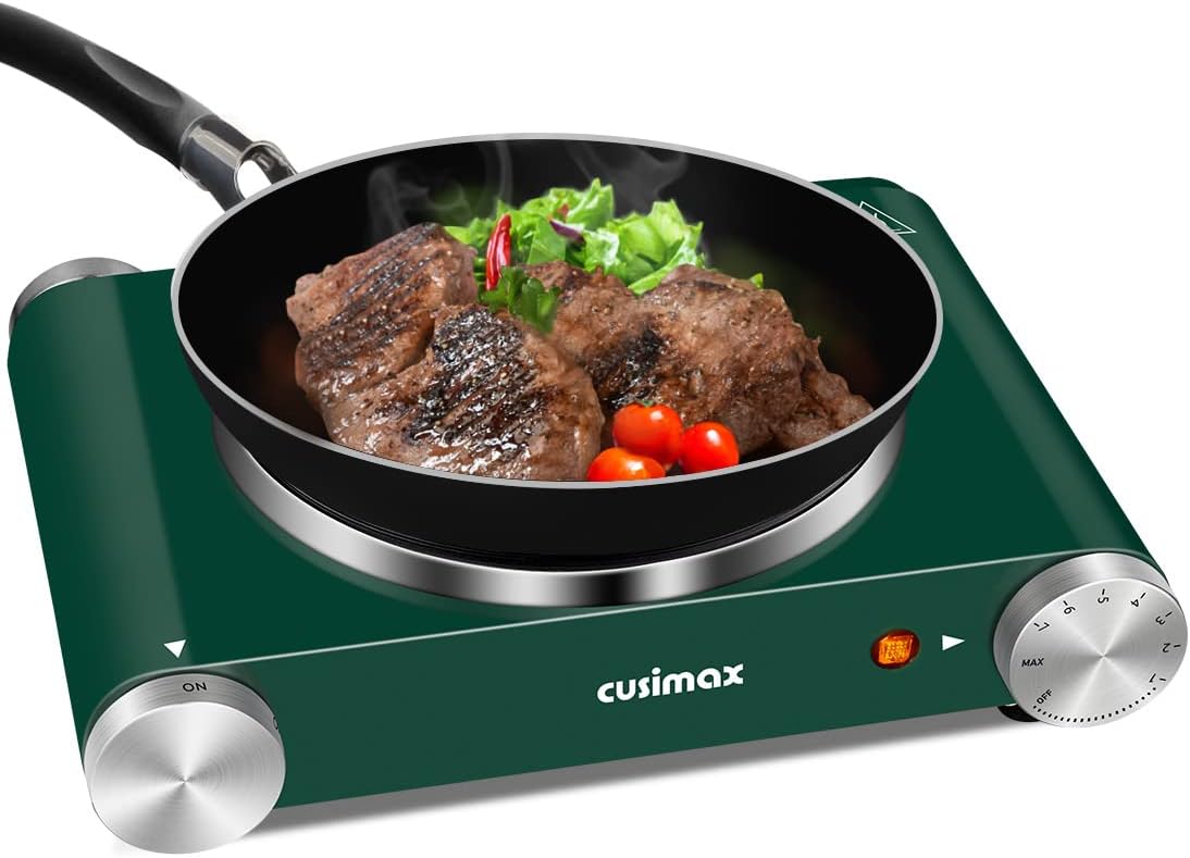 Hot Plate, CUSIMAX Double Burner 1800W Electric Burners, Double Hot Plate for Cooking Portable Electric Cooktop, Cast Iron Hot Plates, Countertop Burner, Black Stainless Steel, Easy to Clean