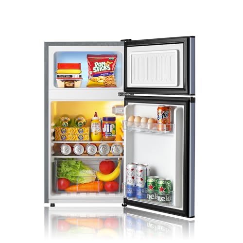 Saeoola Mini Fridge with Freezer, 3.2 Cu.Ft, 2 Doors Compact Mini Refrigerator with Separate Freezer for Dorm, Bedroom, Office, Apartment with 7-Level Temperature Control, Removable Shelves