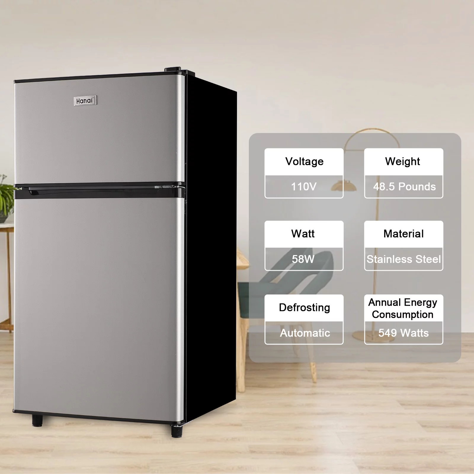 Compact Refrigerator Mini Fridge with Freezer, 3.2 Cubic Feet Retro Dual Door Small Refrigerator by WANAI with 7 Temp Modes, LED Lights, Removable Shelves, Ideal for Bedroom, Dorm, Office, Apartment