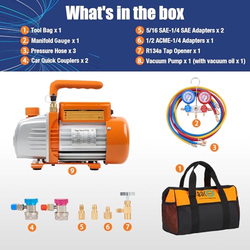 BACOENG AC Vacuum Pump and Gauge Set, HVAC Vacuum Pump and Manifold Gauge Set for R134a R410a R12 R22 Refrigerants, with Can Tap and Quick Couplers