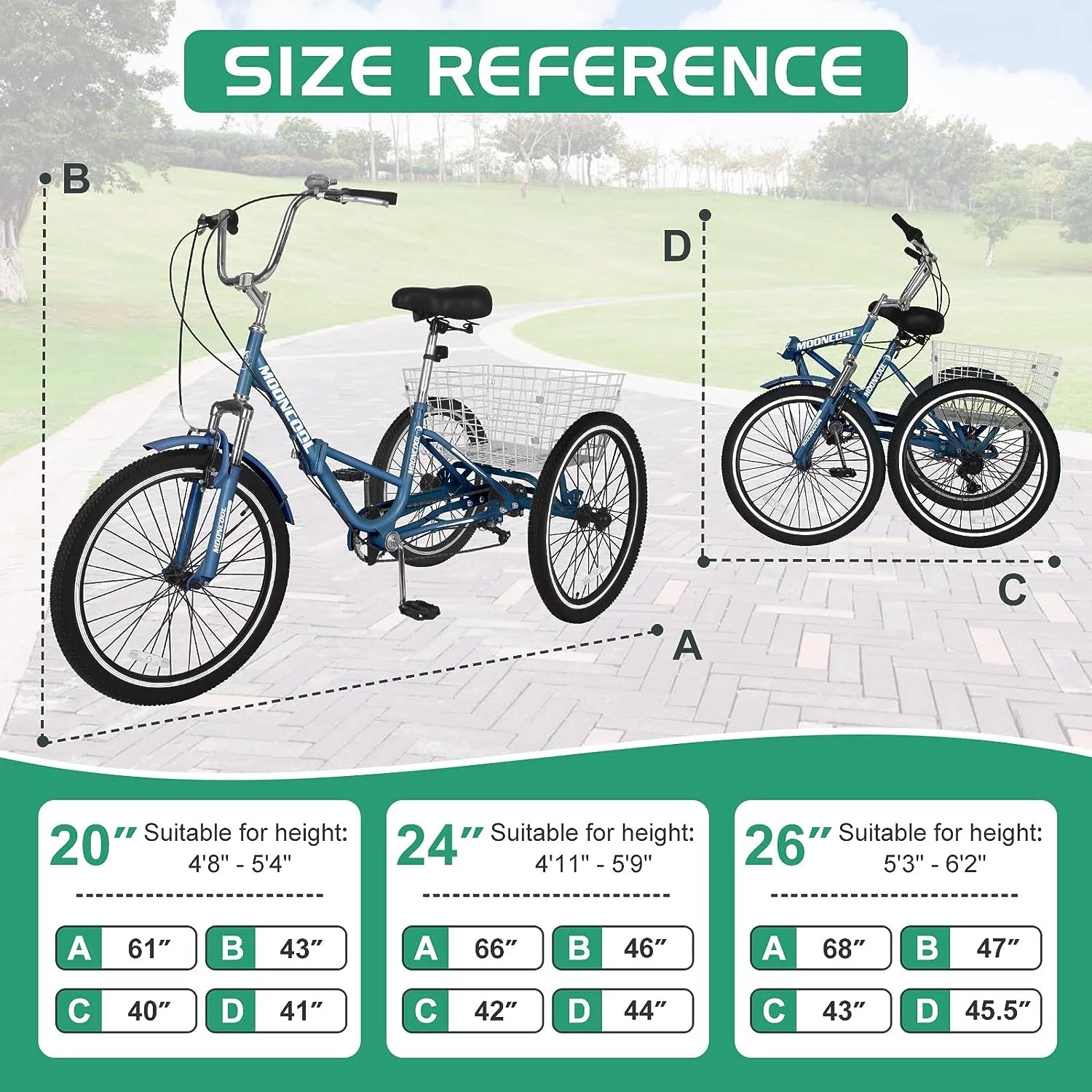 Slsy Adult Folding Tricycle for Adults, 7 Speed 20/24/26 inch 3 Wheels Bikes with Basket, Foldable Tricycle for Adults, Women, Men, Seniors