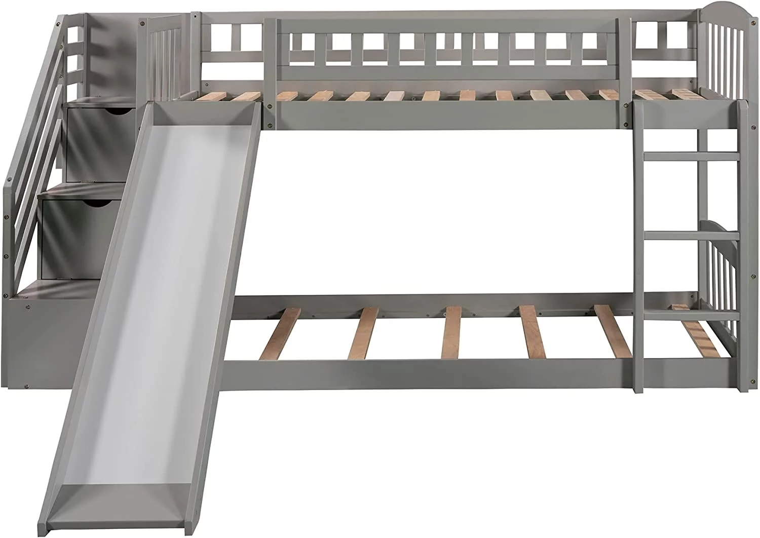 Kids Bunk Bed Over , Wooden Bunk Bed With Slide And Guardrail, Floor Bunk Bed With Stairway/Two Drawers/Handrail, Space-Saving Bedroom Dormitory Furniture (Gray)