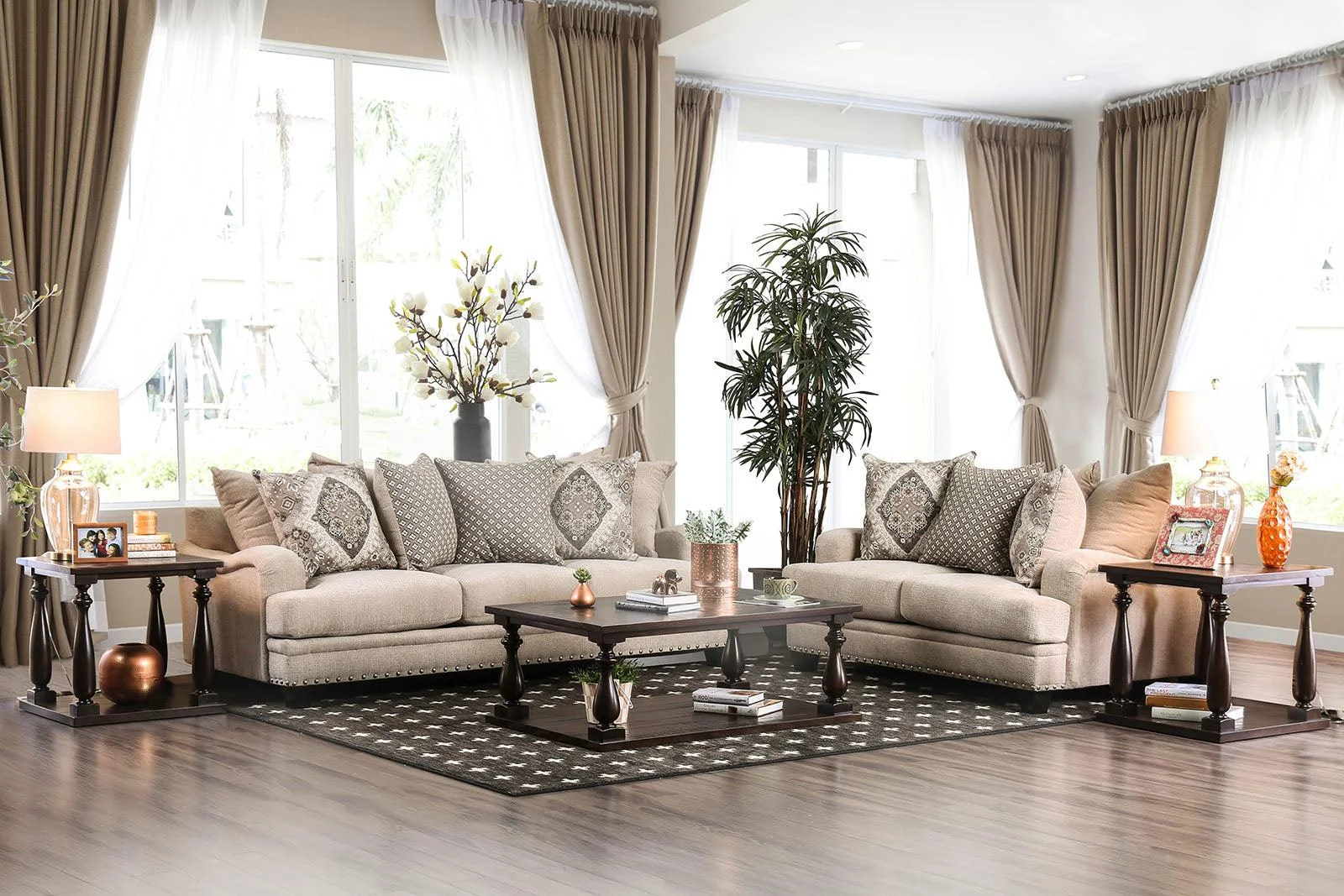 Transitional Light Brown Chenille Sofa and Loveseat Furniture of America Jaylinn