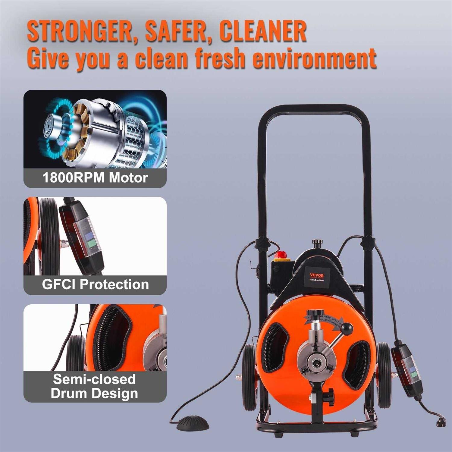 VEVOR Electric Drain Auger 50 ft. x 1/2 in. Drain Cleaner Machine Auto Feed with 4 1 in. to 4 in. Pipes - Shop Hardware Tools Online Store