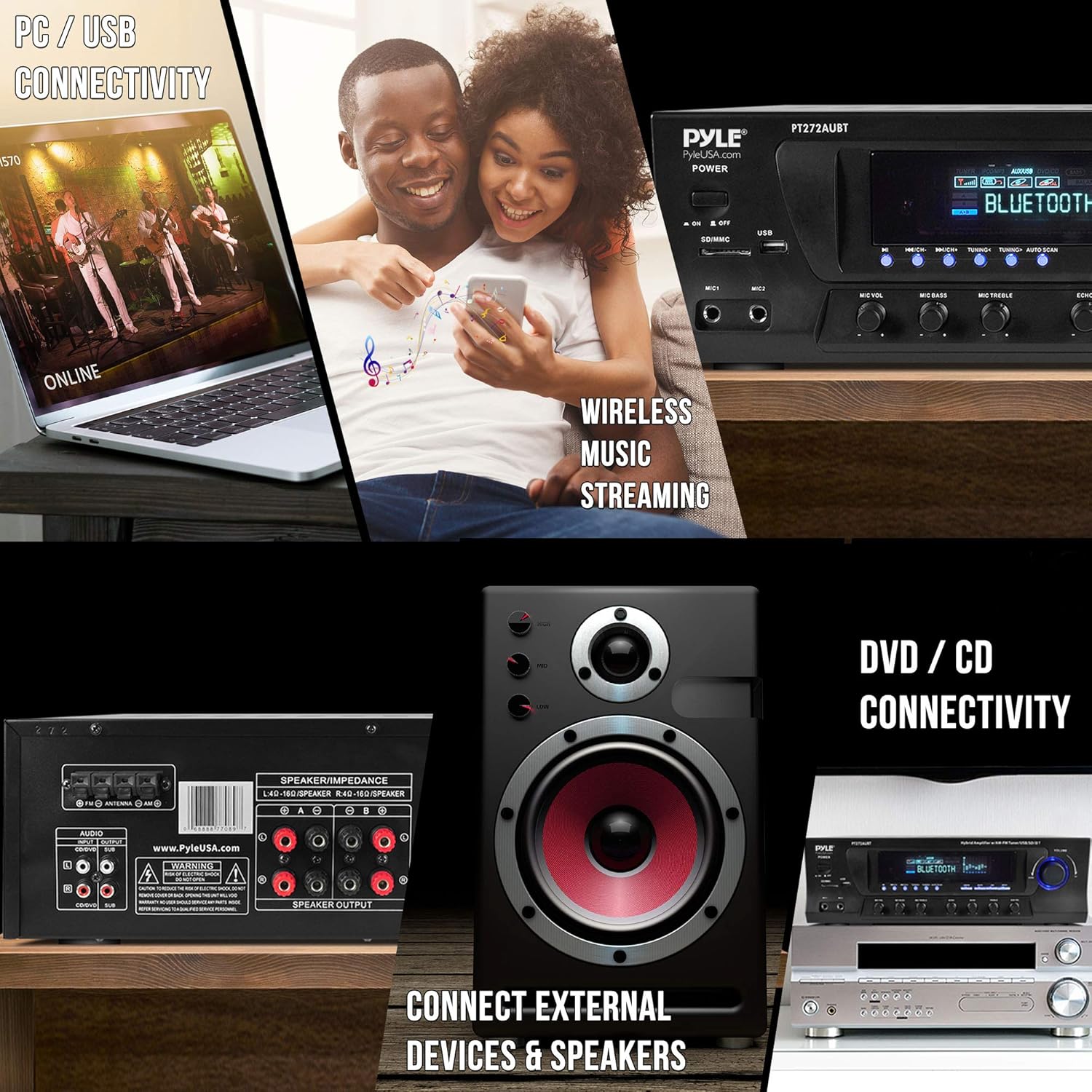 Wireless Bluetooth Audio Power Amplifier - 300W 4 Channel Home Theater Stereo Receiver with USB, AM FM, 2 Mic IN with Echo, RCA, LED, Speaker Selector - For Studio, Home Use - Pyle PT272AUBT