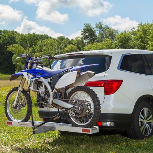 Black Widow Motorcycle Hitch Carrier with Loading Ramp Lightweight Aluminum 400 lb. Capacity Anti-Rattle Included Fits 2" Receiver