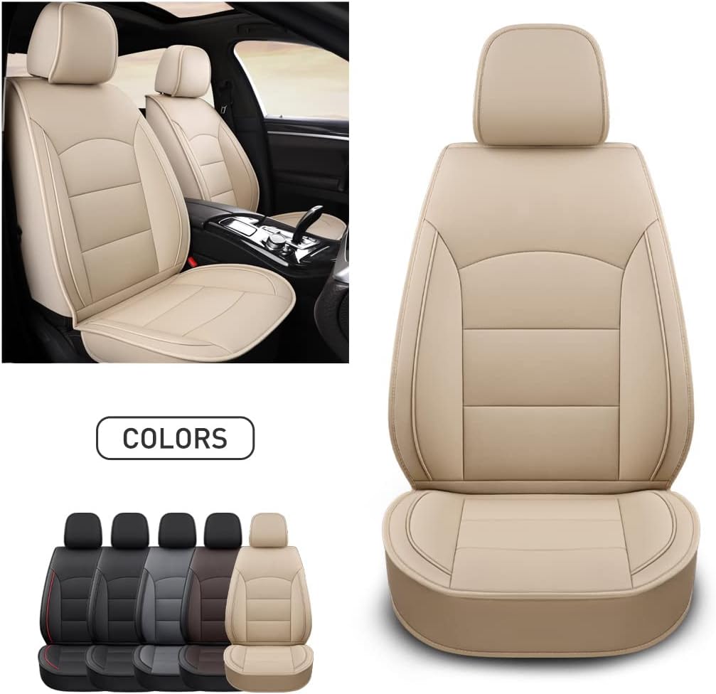 Car Seat Covers Full Set, Front and Back Split Bench Seat Covers with Headrest, Waterproof and Durable Faux Leather Automotive Seat Cushion, Comfortable Seat Protector for Car SUV, Beige