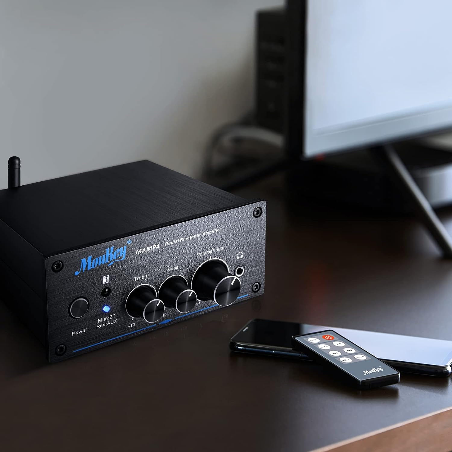 Moukey Mini Amplifier Bluetooth 5.0, 200W Dual 2 Channel Audio Receiver for Speakers, HiFi Power Amp with Headphone Jack, Bass/Treble Remote Control for Home Speakers- MAMP4 Pack of 2