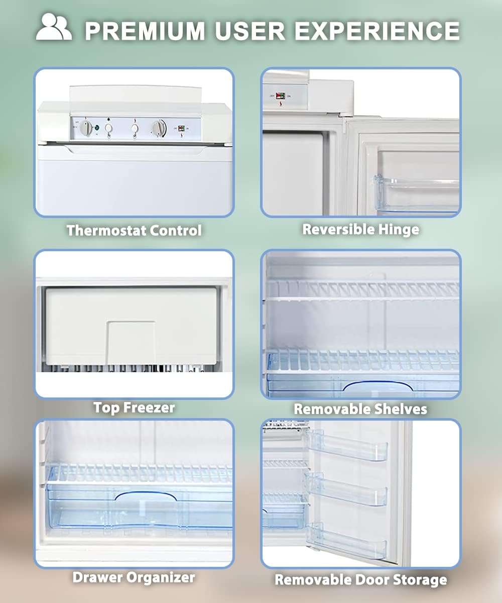 3.5 Cu.Ft RV Propane Refrigerator with Freezer, 3 Way Fridge with Reversible Door, AC/DC/GAS Refrigerator for Camper, Cabin, Semi Truck, Van, Quiet, White