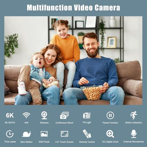6K Camcorder Video Camera 64MP IR Night Vision Vlogging Camera for YouTube 18X Digital Zoom 4.0 Inch Touch Screen Video Camera with WiFi, Microphone, Remote Control, 64GB SD Card,Stabilizer