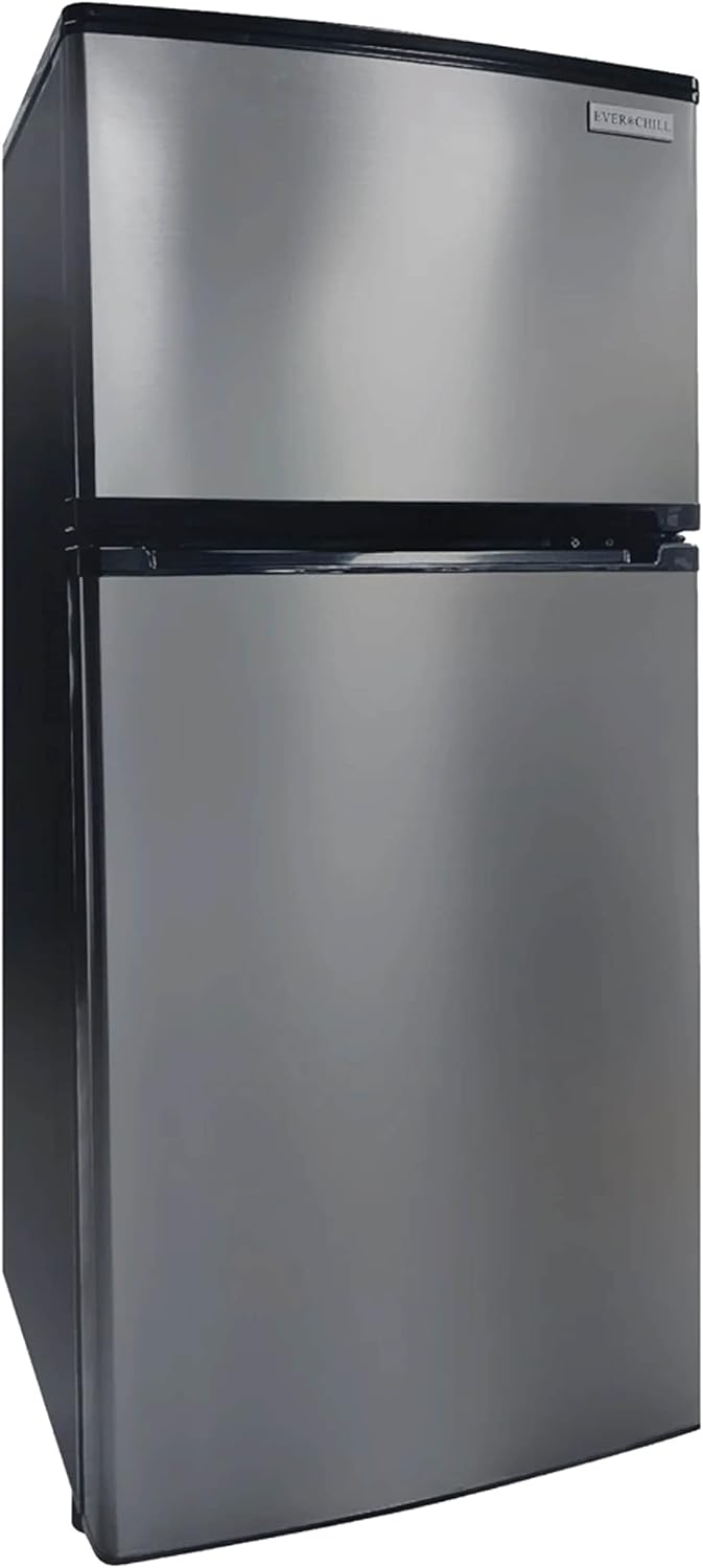 Everchill RV Mini Refrigerator, 12 Volt Fridge, 4.5 Cubic Foot, Frost Free Doors, Available in Left or Right Hand Swing, Stainless Steel Outlook with Black Body (Right Hand)
