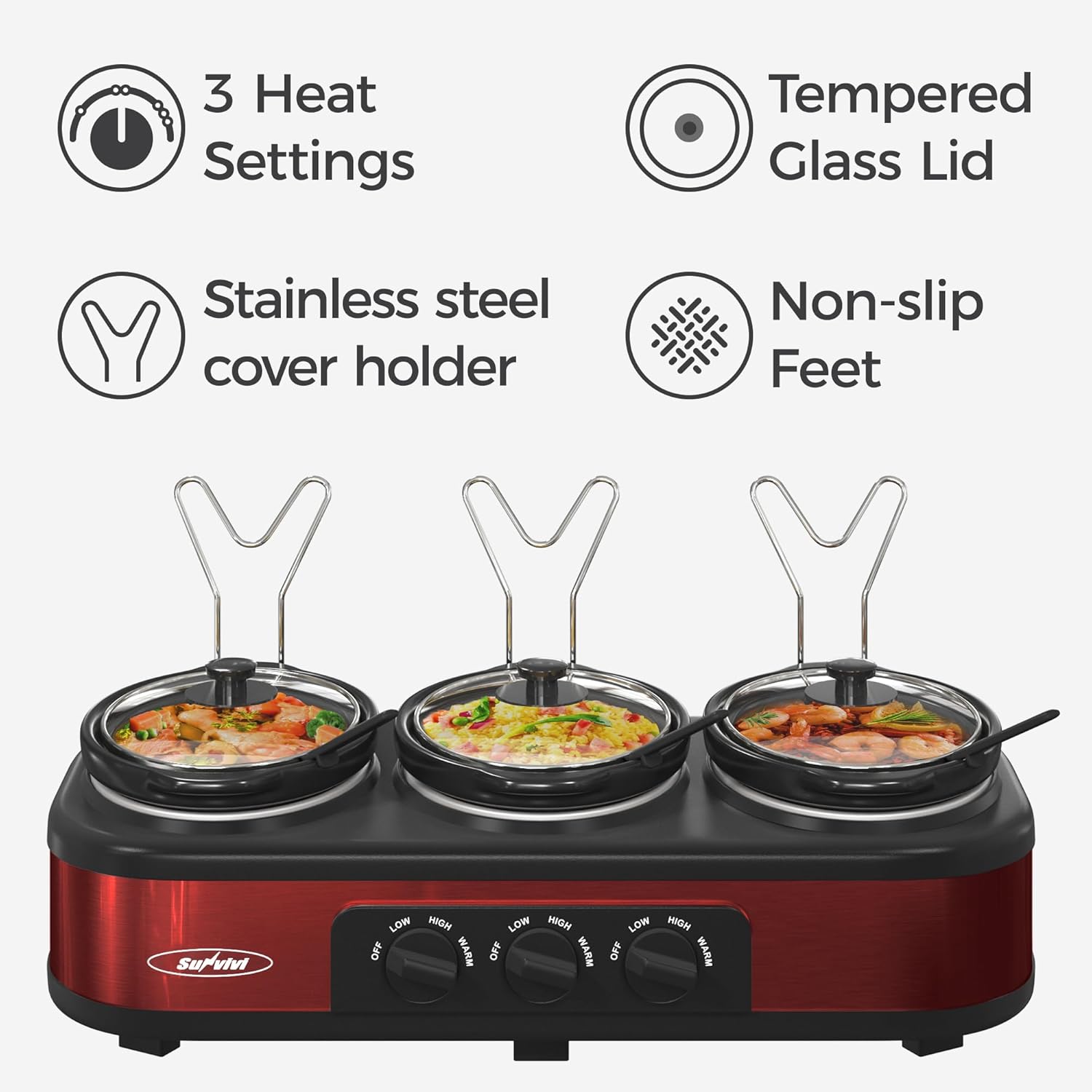 Sunvivi Triple Slow Cookers Silver and Red Color, Slow Cooker Mini Crock Pot for Dips, Food Warmers Buffet Server Stainless Sliver