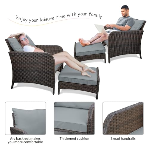 LEVELEVE Balcony Furniture 5 Piece Patio Conversation Set, PE Wicker Rattan Outdoor Lounge Chairs with Soft Cushions 2 Ottoman&Glass Table for Porch, Lawn-Brown Wicker