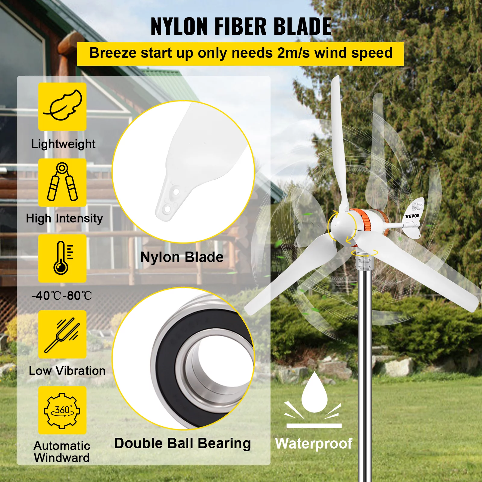 VEVOR Wind Turbine Generator, 12V/AC Wind Turbine Kit, 400W Wind Power Generator with MPPT Controller 3 Blades Auto Adjust Windward Direction Suitable for Terrace, Marine, Motor Home, Chalet, Boat