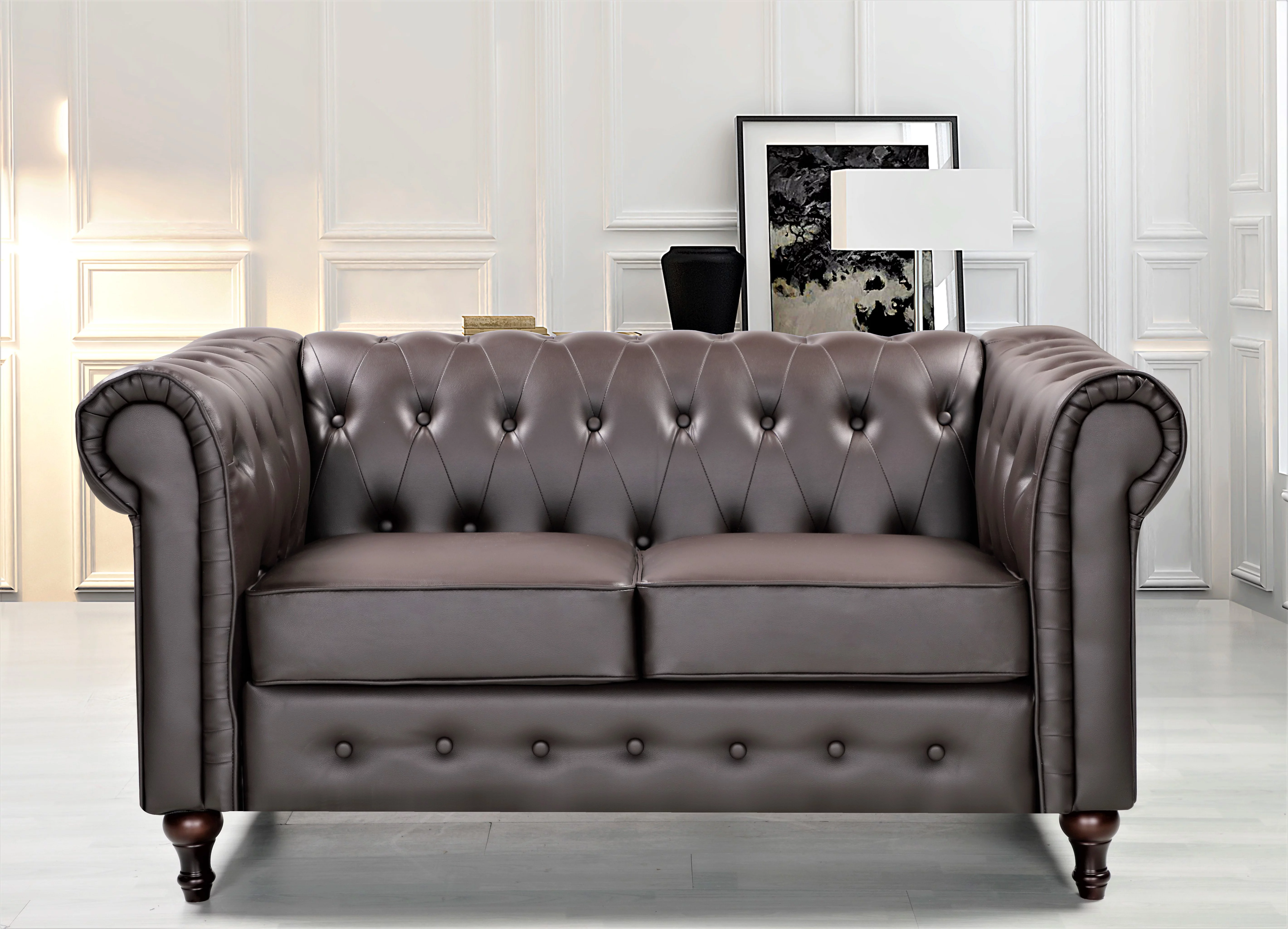 Uspridefurniture Oriskany Chesterfield Faux Leather Loveseat -Brown, Solid Wood Leg