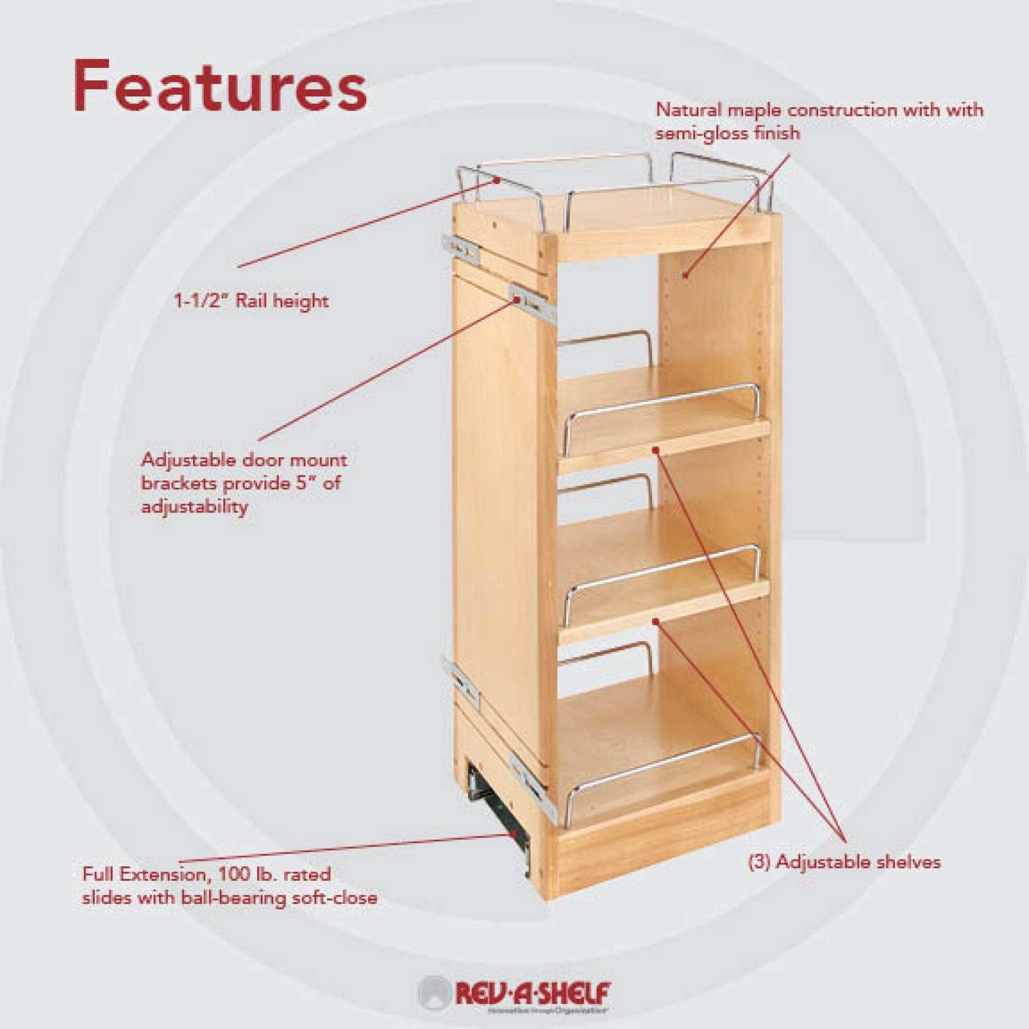 Rev-A-Shelf 9 in Wood Pull Out Wall Organizer w/Soft Close