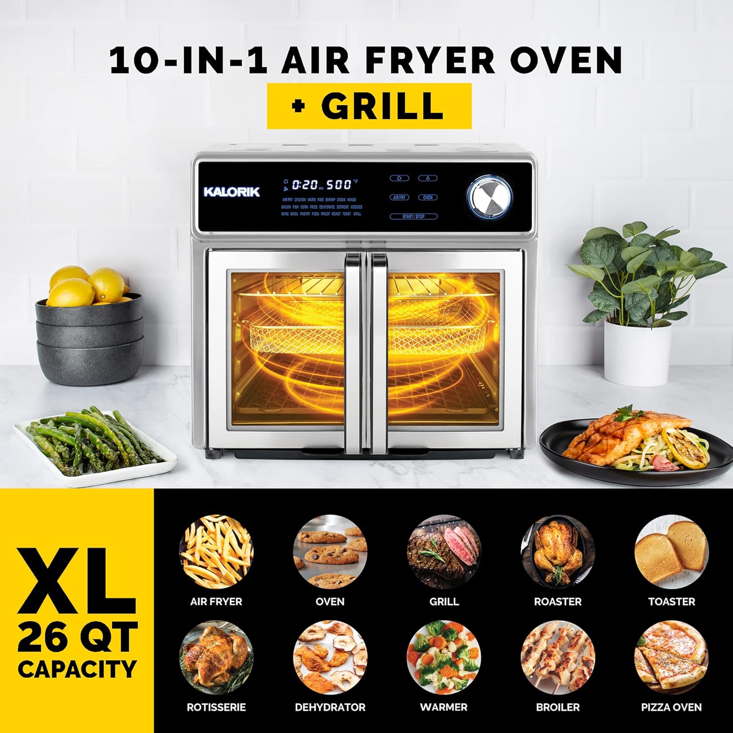 Kalorik 26 Quart Maxx Digital Air Fryer Oven Combo - Rotisserie, Grill, 1700W, Black & Stainless Steel