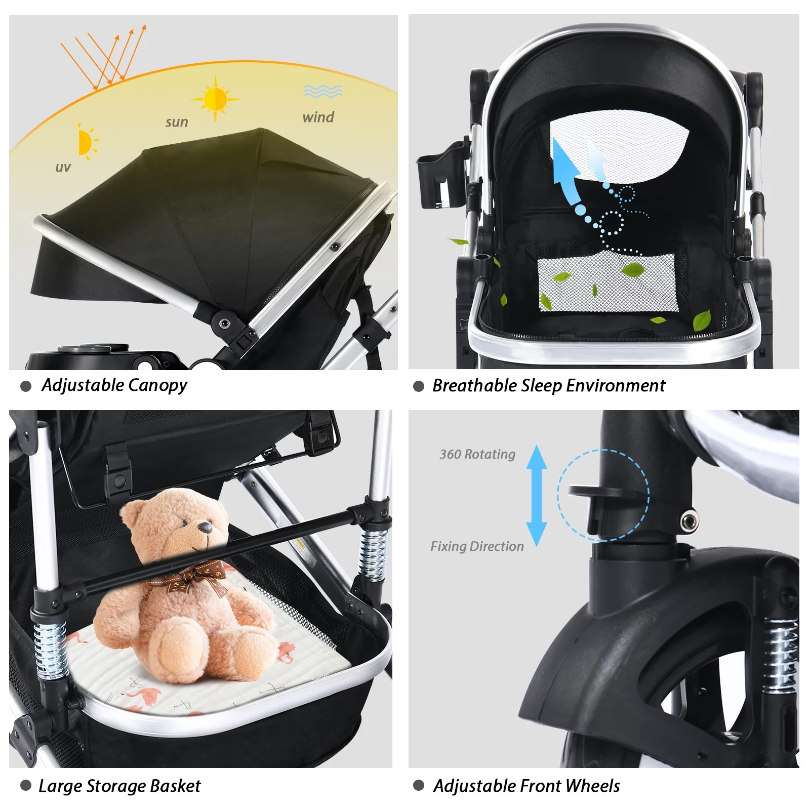 AILEEKISS 3 in 1 Baby Stroller, Convertible Newborn Bassinet Stroller Unisex Infant Carriage, Black