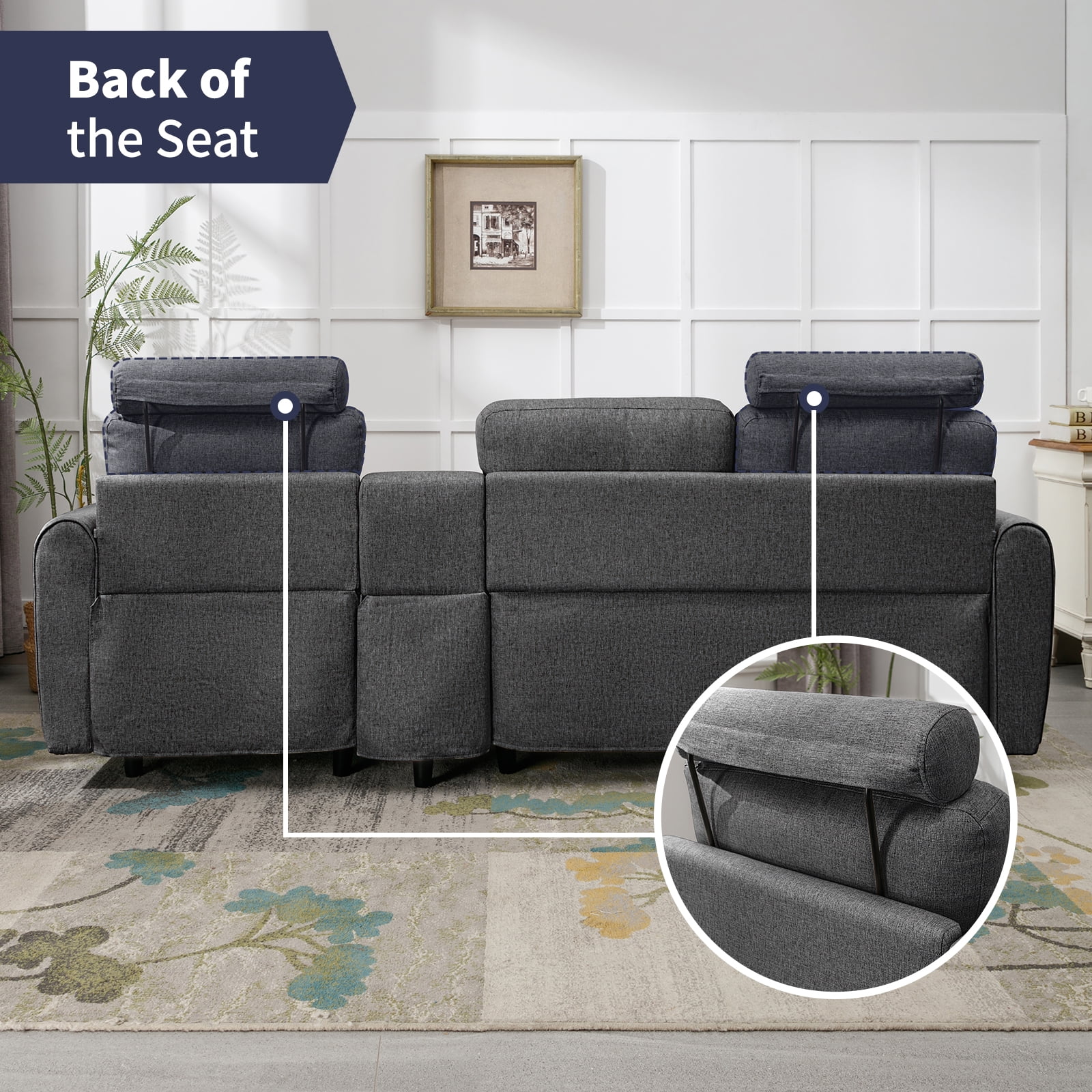 ZAFLY Convertible Sectional Couch, L Shaped Sofa with Storage Chaise, Modern Sectional Sofa with Cup Holders and Neck Pillows, Reversible Sectional Couch for Living Room, Dark Grey