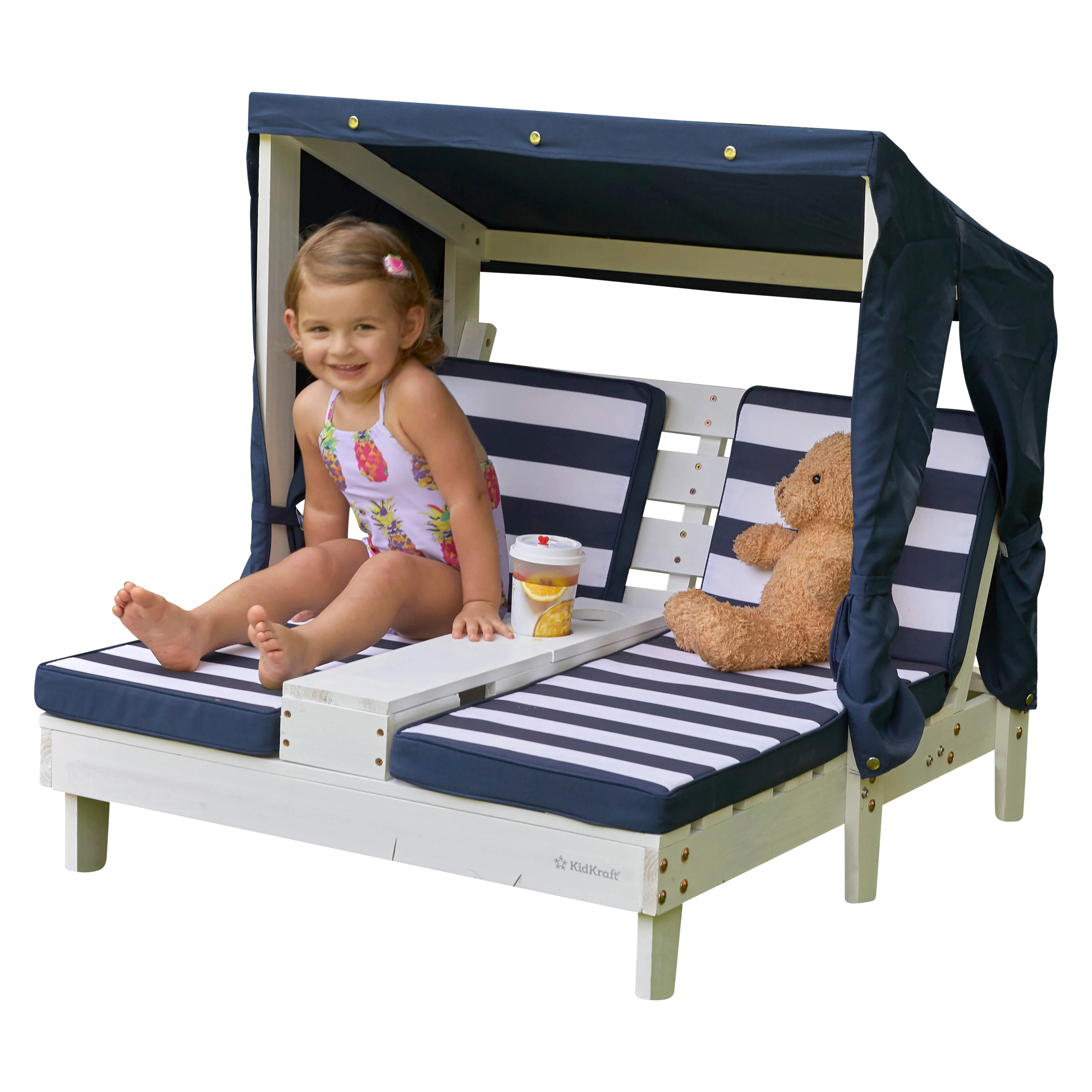 KidKraft Wooden Outdoor Double Chaise Lounge with Cup Holders, White with Navy and White Stripes