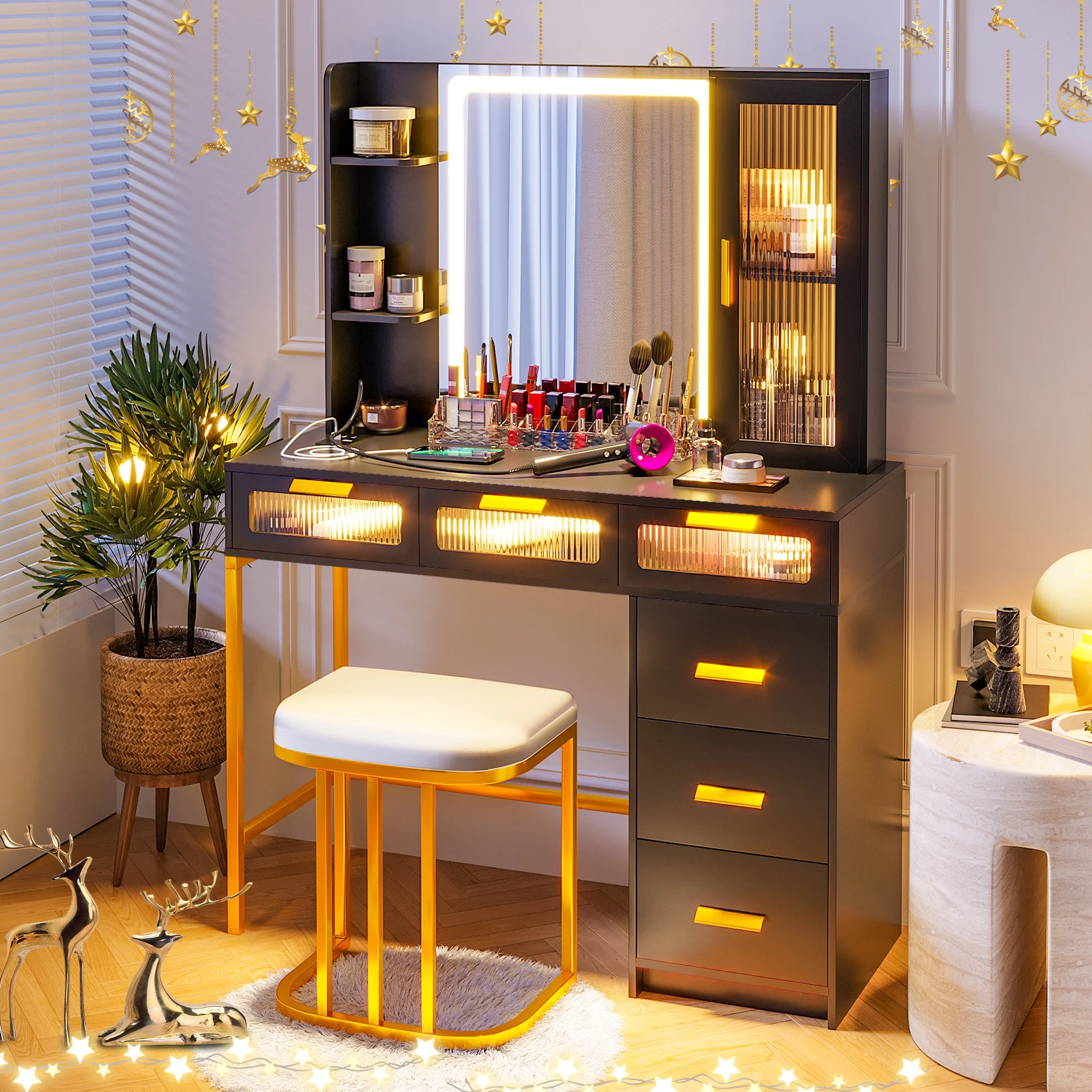 HNEBC Makeup Vanity with Lights, Vanity Table Set with LED Mirror, Vanitys with 6 Drawers/Stool, Vanity Makeup Desk with Charging Station, With Senser Mode Dressing Table as Gifts for Women