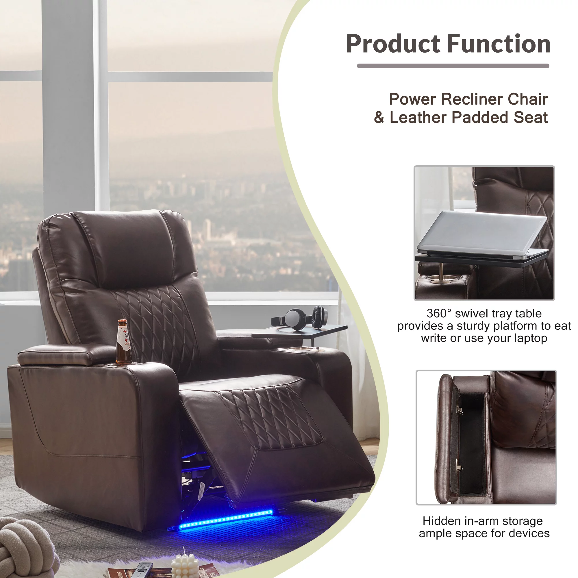 Power Motion Recliner with Cup Holders Ambient Lighting, USB Charge Port, 360 Swivel Tray Table, Hand in-Arm Storage, Gaming Recliner Chair