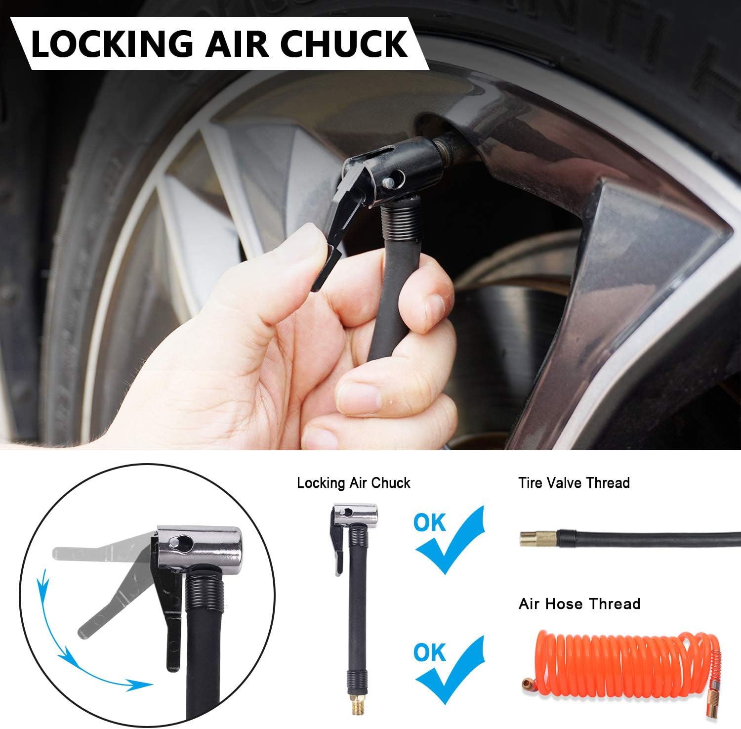 GSPSCN Portable Tire Inflator Double Cylinder Air Compressor Pump with LED Light, 12V Air Pump for Car Tires, 150 PSI Heavy-Duty Metal Tire Pump with Locking Air Chuck for Auto,SUV,RV,Truck,Balls Pack of 2