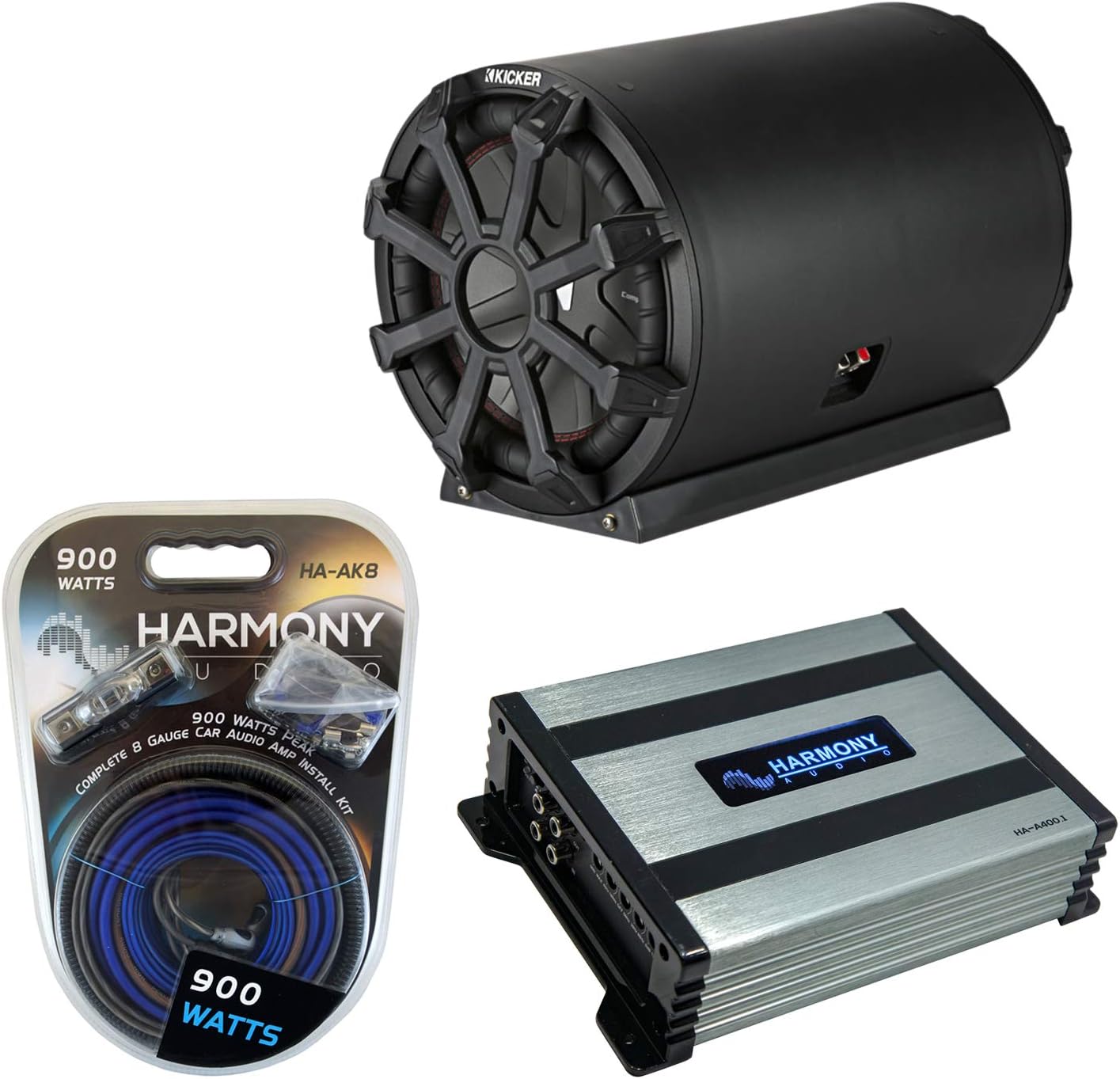 Kicker Bundle Compatible with Universal Vehicle 46CWTB102 10" Bass Tube Sub Box with HA-A400.1 Amplifier and HA-AK8 8Ga Amp Install Kit