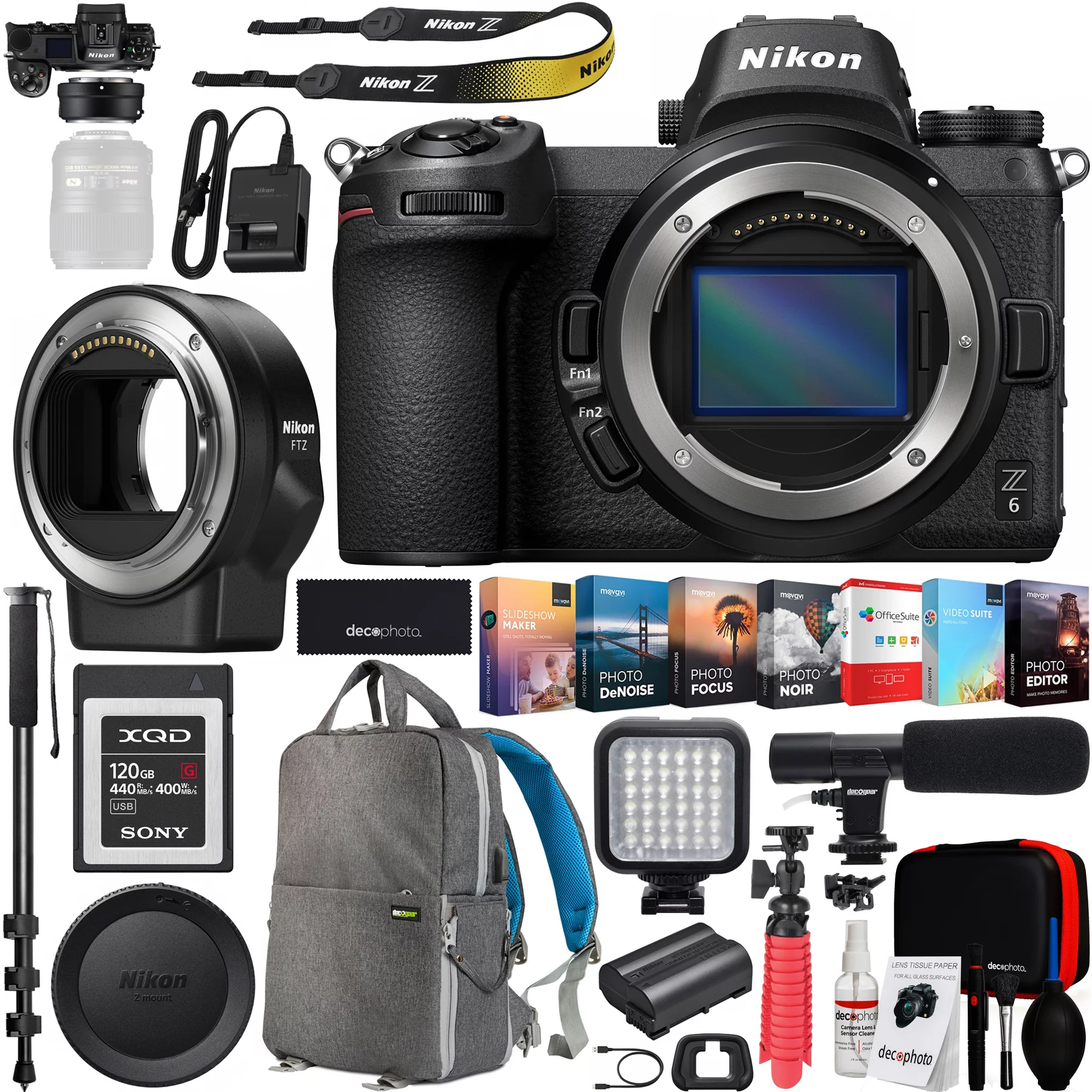 Nikon Z6 Mirrorless FX-Format Full-Frame 4K Ultra HD Camera Body (1595) with Nikon Mount Adapter FTZ for F-mount and 120GB Memory Card Deco Gear Backpack Accessory Kit Microphone Software Bundle