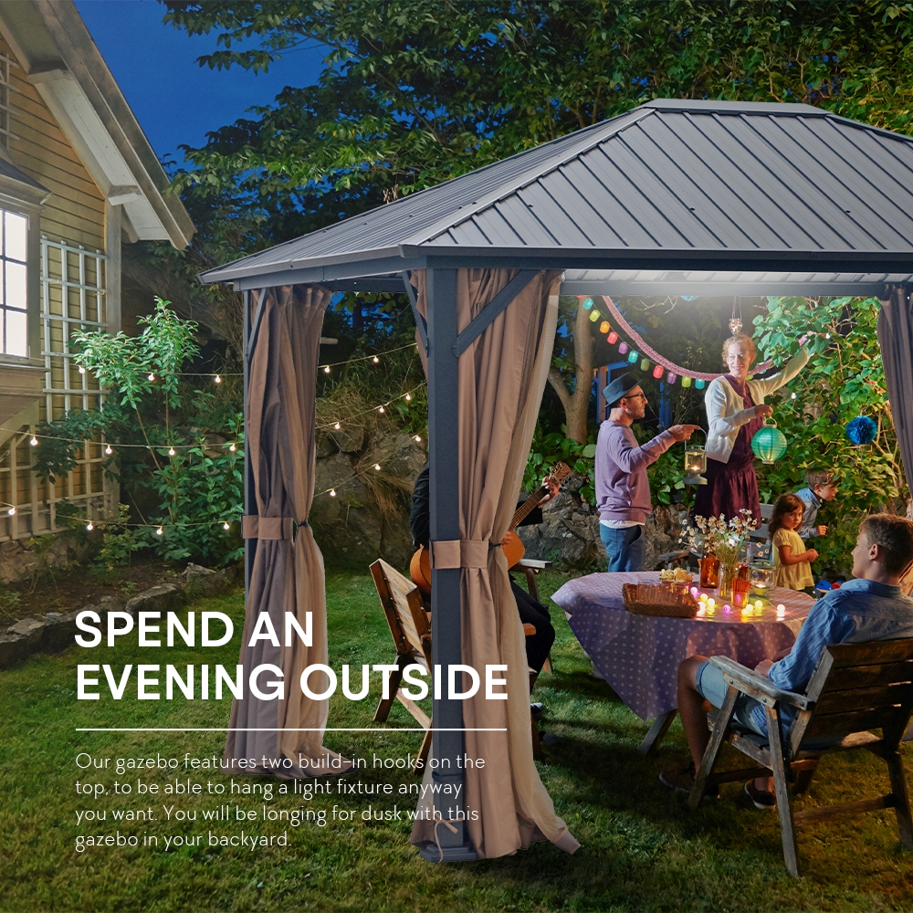 FineFind 10' x 12' Hardtop Gazebo Outdoor Metal Canopy Gazebo with Netting and Curtains for patios  all season