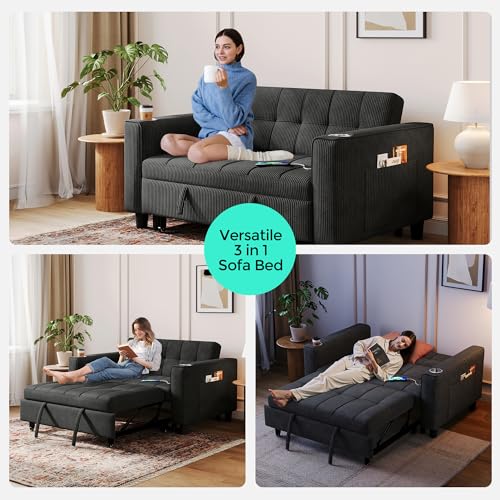 LINSY 3-in-1 Convertible Sofa Bed, 54" Pull Out Sleeper Sofa with Charging Station & Cup Holder, Small Folding Loveseat with Side Pocket for Small Space, Corduroy Couch, Green