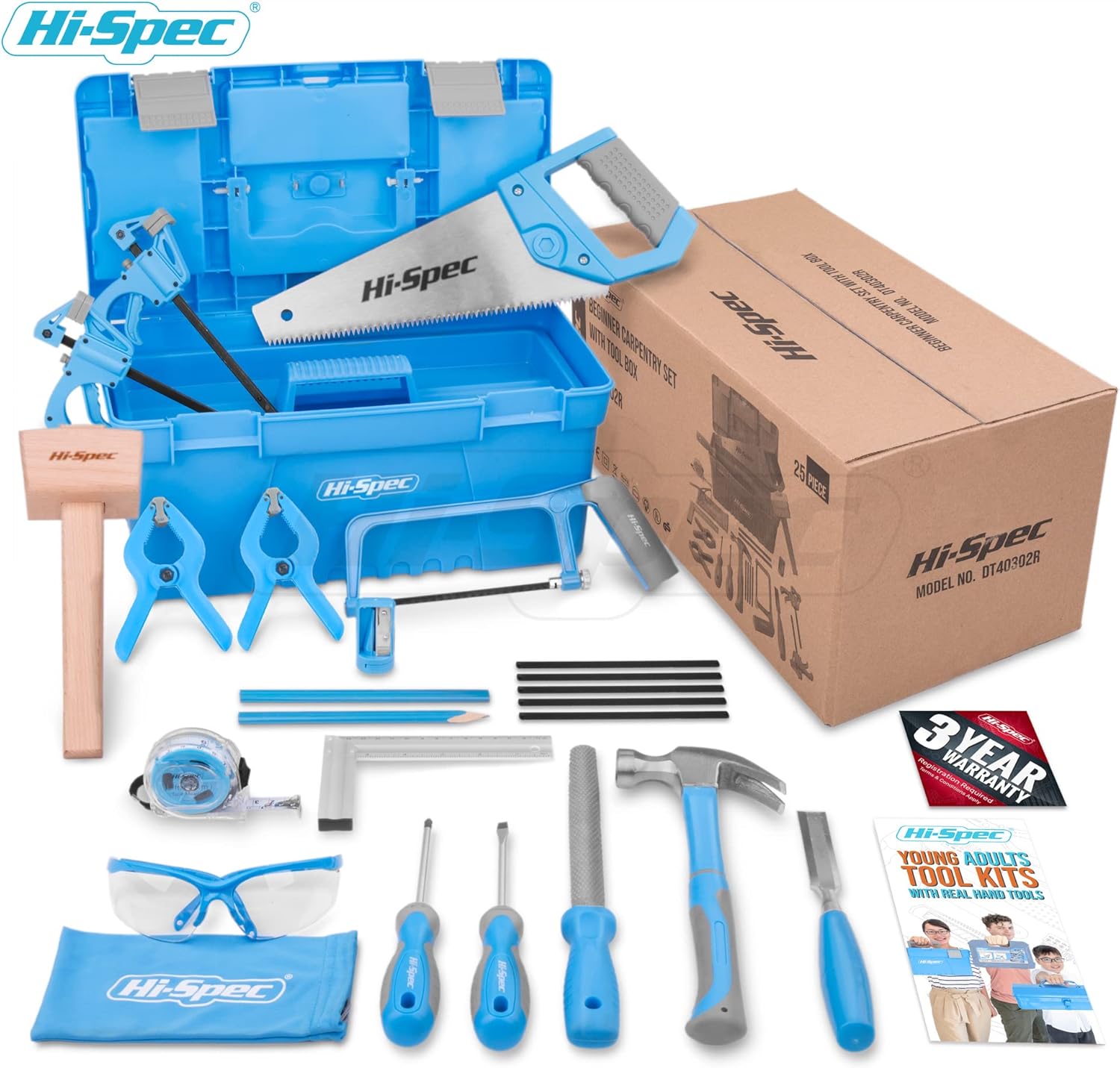 Hi-Spec 25 Piece Blue Beginners Tool Kit Set with Tool Box. Complete Carpentry Hand Tools for Kids and Adult DIY Starters Pack of 2