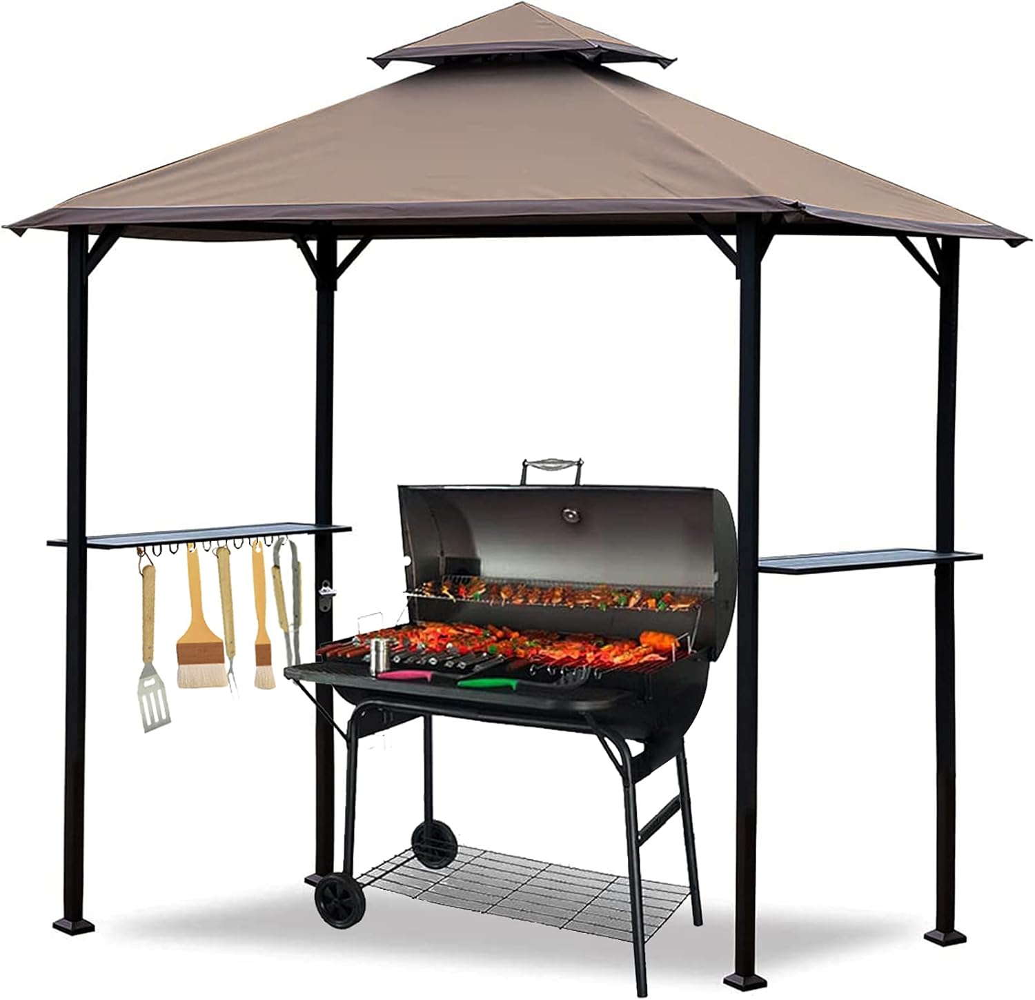 CoastShade 8'x 5' Gray Grill Gazebo Double Tiered Outdoor BBQ Canopy,Grill Gazebo Shelter for Patio and Outdoor Backyard BBQ's with LED Light x 2 (Gray)