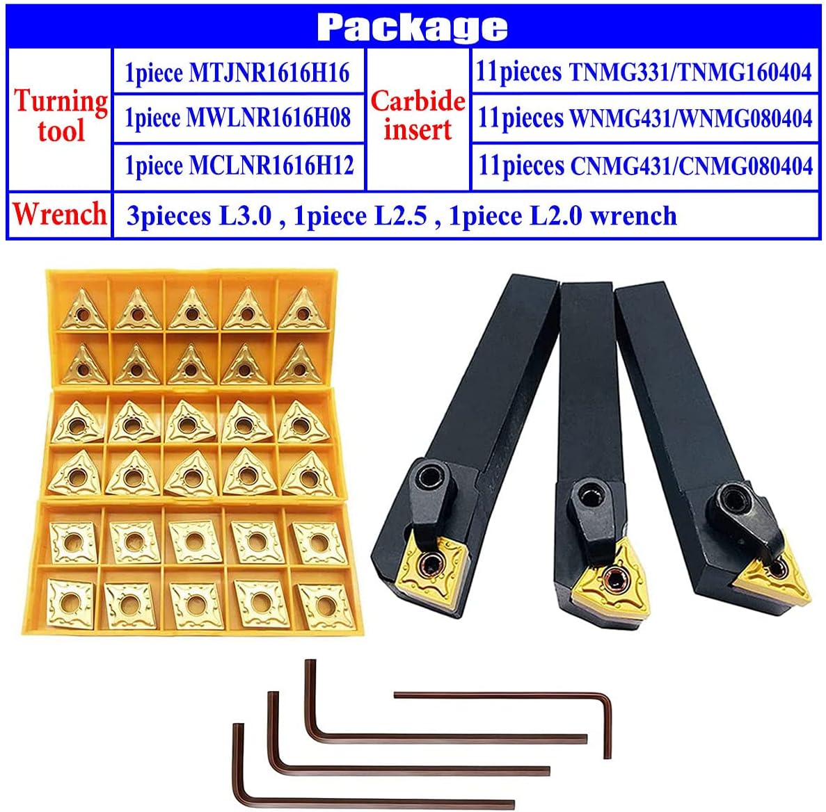 ASZLBYM 5/8" 36PCS Indexable Carbide Lathe Turning Tool Insert Holder Bit Set MTJNR1616H16 + MWLNR1616H08 + MCLNR1616H12 with CNMG 431 + WNMG 431 + TNMG 331 Indexable Carbide Turning Insert Blades