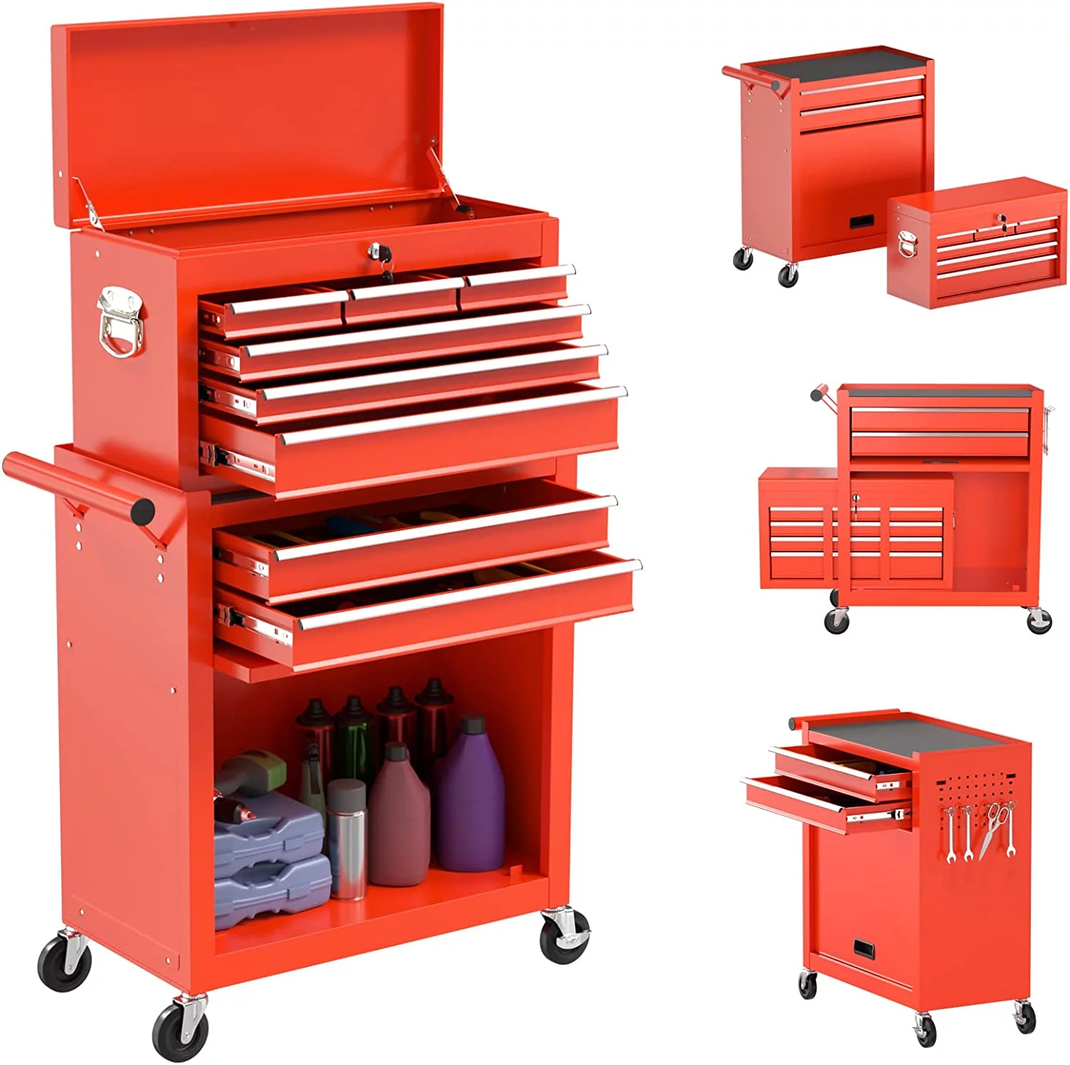 Rolling Tool Chest with Wheels and 8 Drawers, Detachable Large Toolbox Storage Cabinet with Lock,Locking Mechanic Tool Cart for Warehouse, Workshop,Garage,Blue